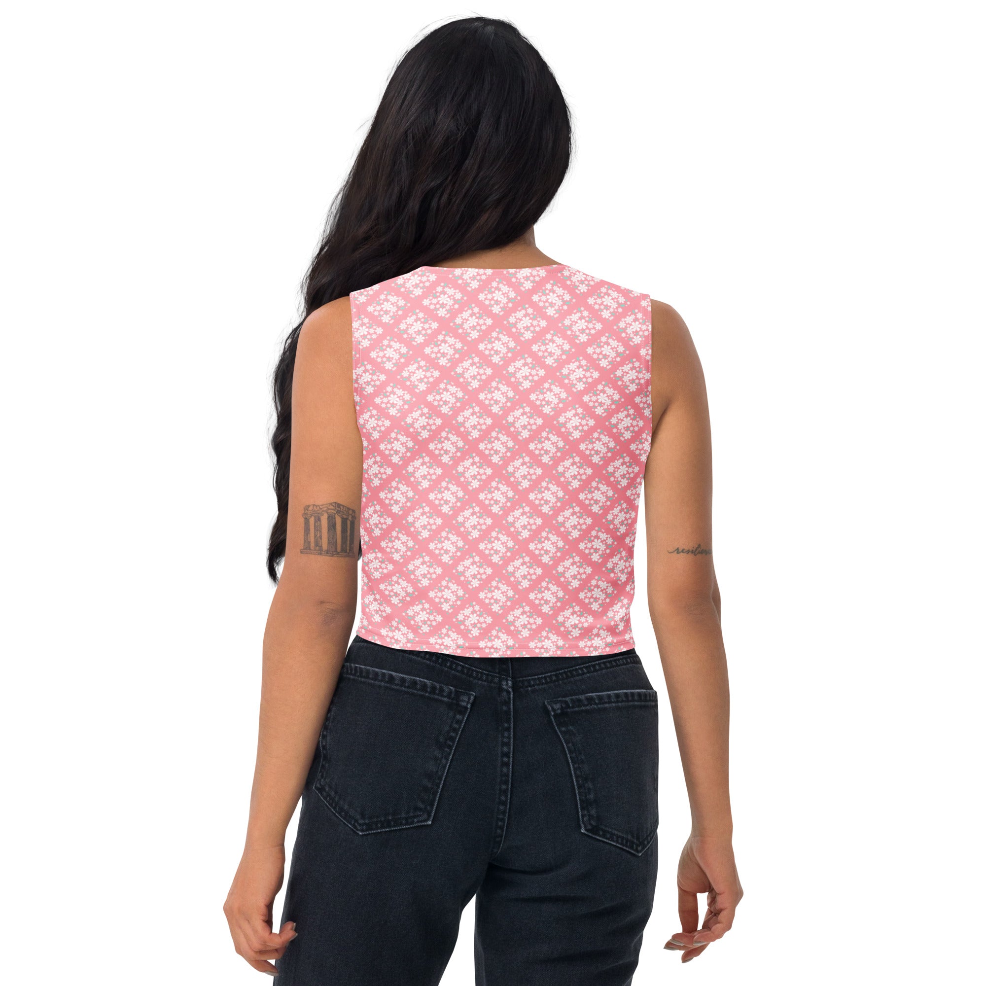 Women's Pink Floral Tile Buttery Soft Crop Top- Quick-Drying UPF 50+ Stretch Top
