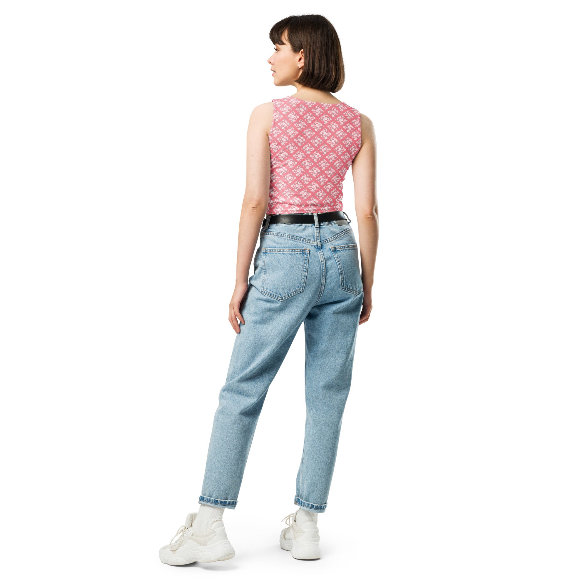 Women's Pink Floral Tile Buttery Soft Crop Top- Quick-Drying UPF 50+ Stretch Top