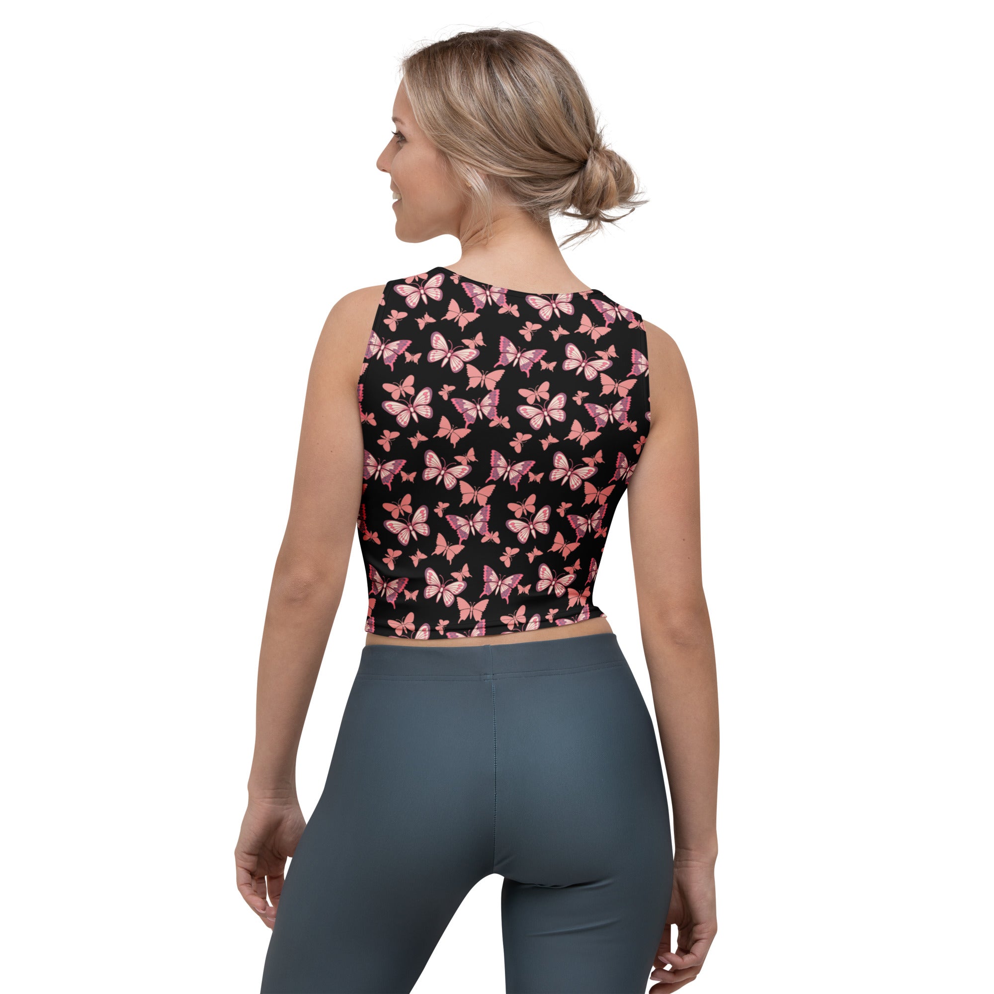 Women's Pink Butterflies Buttery Soft Crop Top- Quick-Drying UPF 50+ Stretch Top