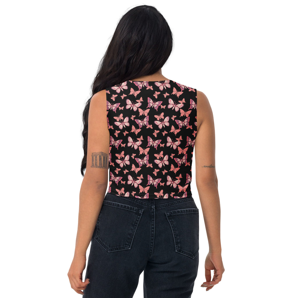 Women's Pink Butterflies Buttery Soft Crop Top- Quick-Drying UPF 50+ Stretch Top