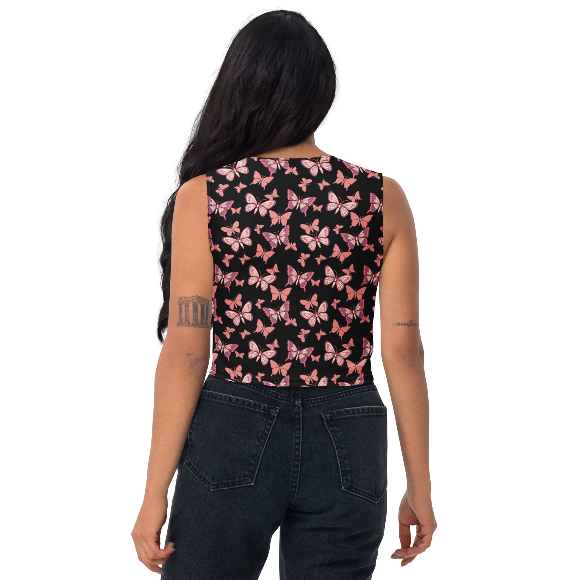 Women's Pink Butterflies Buttery Soft Crop Top- Quick-Drying UPF 50+ Stretch Top