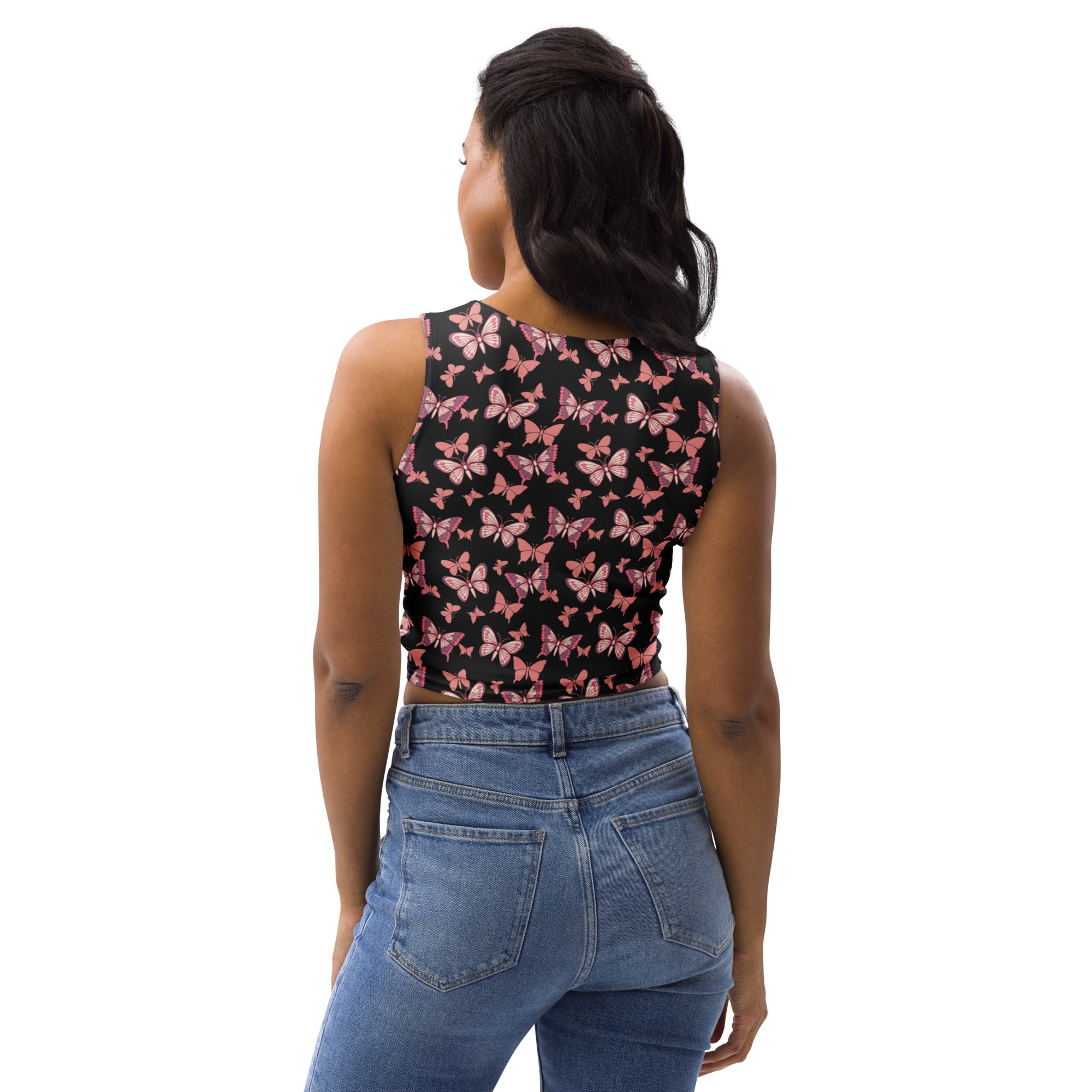 Women's Pink Butterflies Buttery Soft Crop Top- Quick-Drying UPF 50+ Stretch Top
