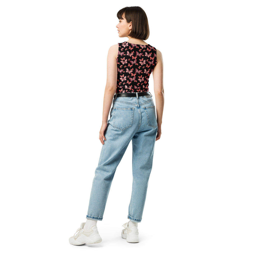 Women's Pink Butterflies Buttery Soft Crop Top- Quick-Drying UPF 50+ Stretch Top