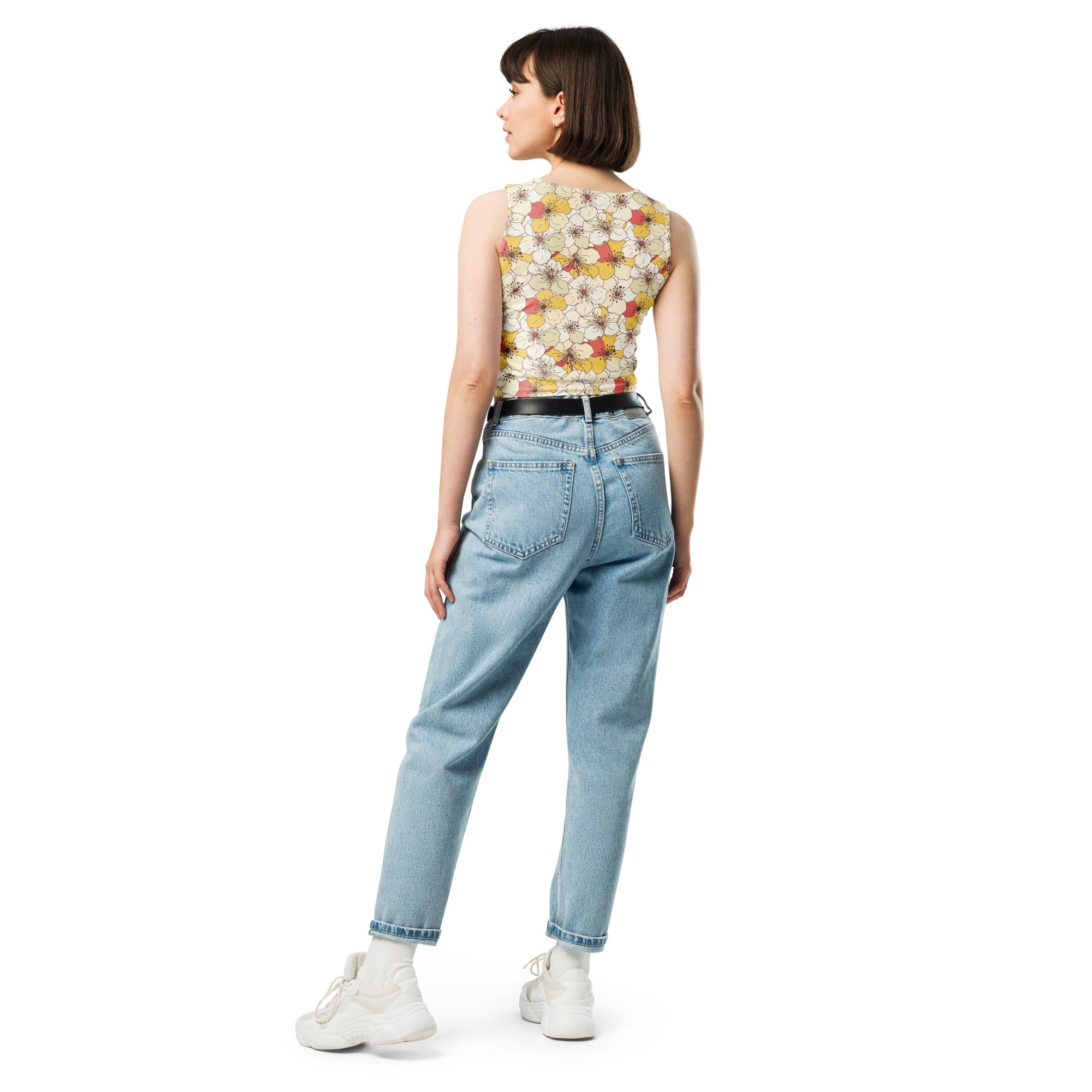 Women's Cream Floral Buttery Soft Crop Top- Quick-Drying UPF 50+ Stretch Top