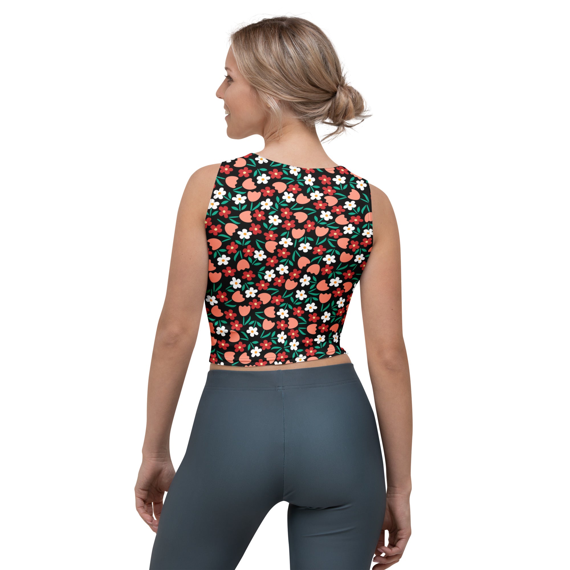 Women's Black Floral Flowers Buttery Soft Crop Top- Quick-Drying UPF 50+ Stretch Top