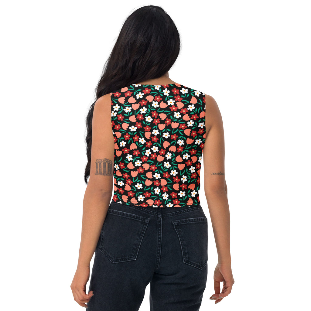 Women's Black Floral Flowers Buttery Soft Crop Top- Quick-Drying UPF 50+ Stretch Top