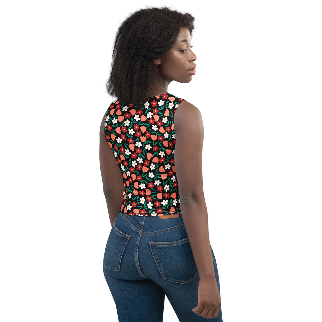 Women's Black Floral Flowers Buttery Soft Crop Top- Quick-Drying UPF 50+ Stretch Top