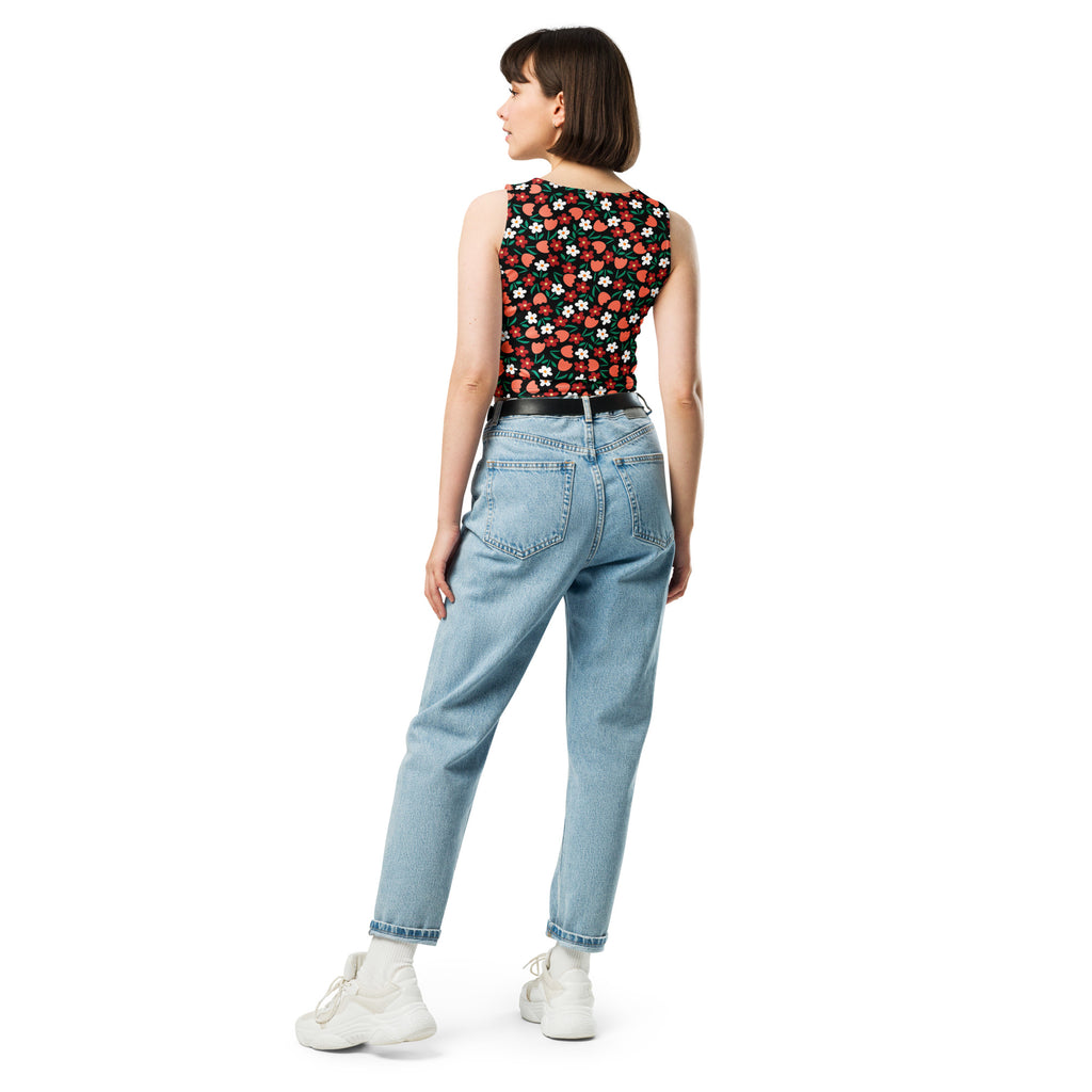 Women's Black Floral Flowers Buttery Soft Crop Top- Quick-Drying UPF 50+ Stretch Top