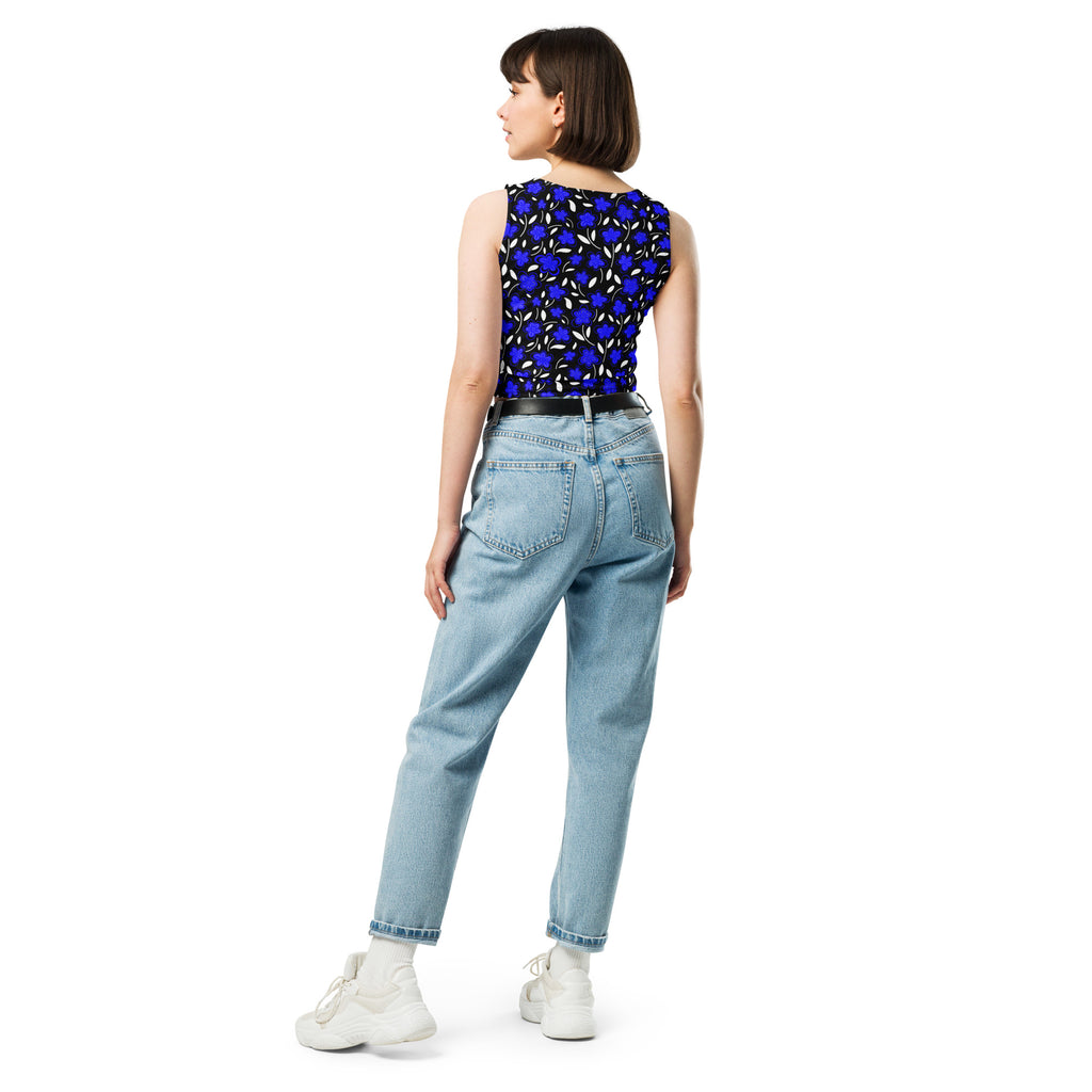Women's Blue Floral Buttery Soft Crop Top- Quick-Drying UPF 50+ Stretch Top