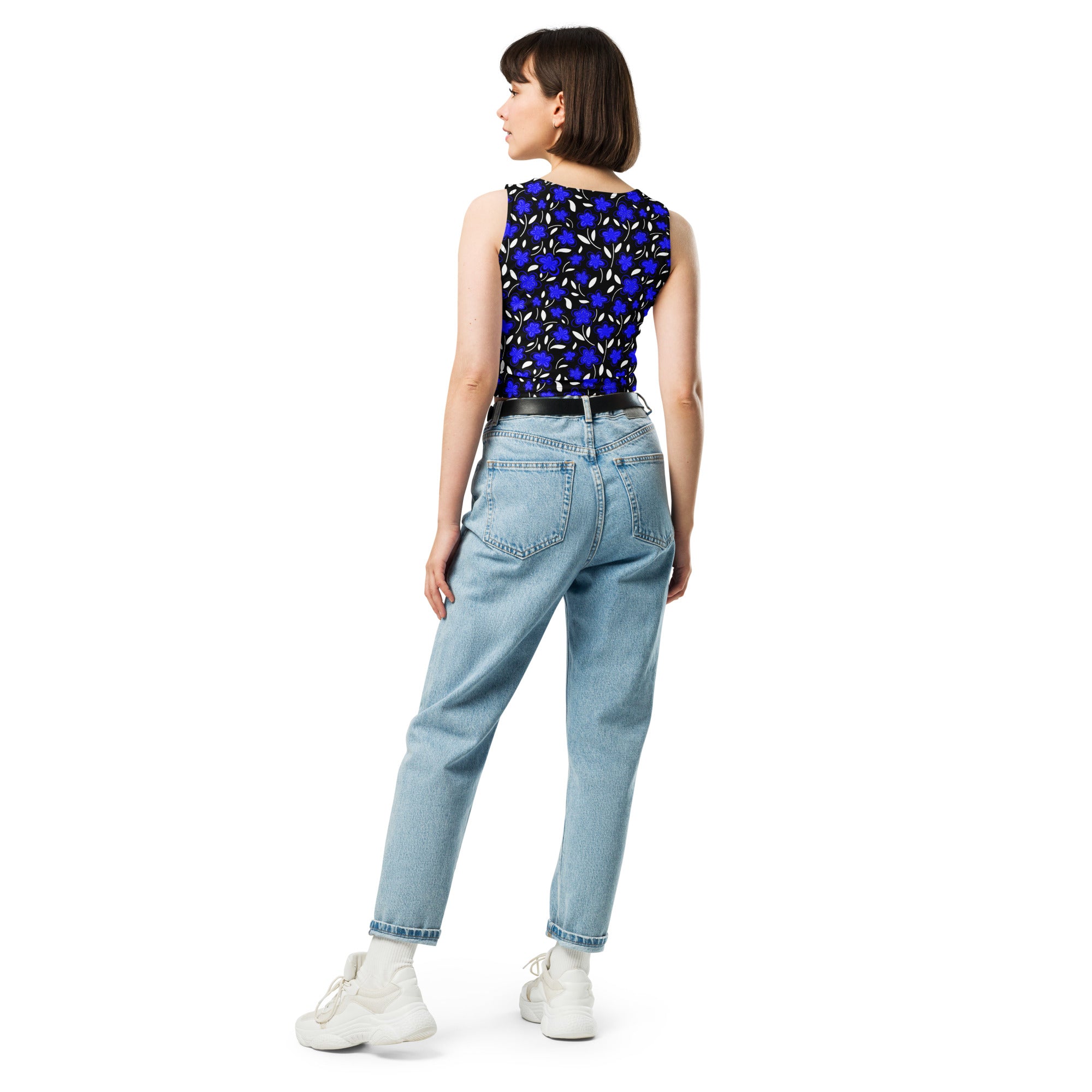 Women's Blue Floral Buttery Soft Crop Top- Quick-Drying UPF 50+ Stretch Top