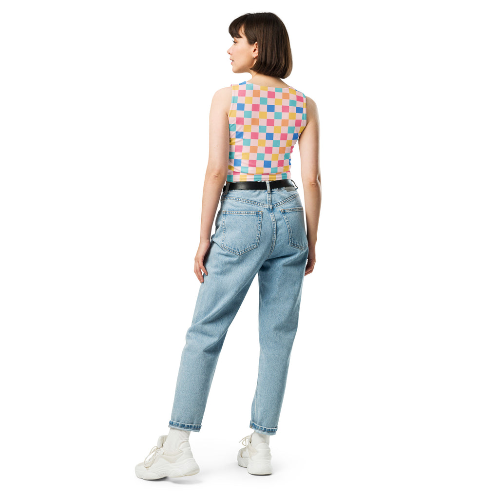 Women's Colorful Pastel Checkerboard Buttery Soft Crop Top- Quick-Drying UPF 50+ Stretch Top