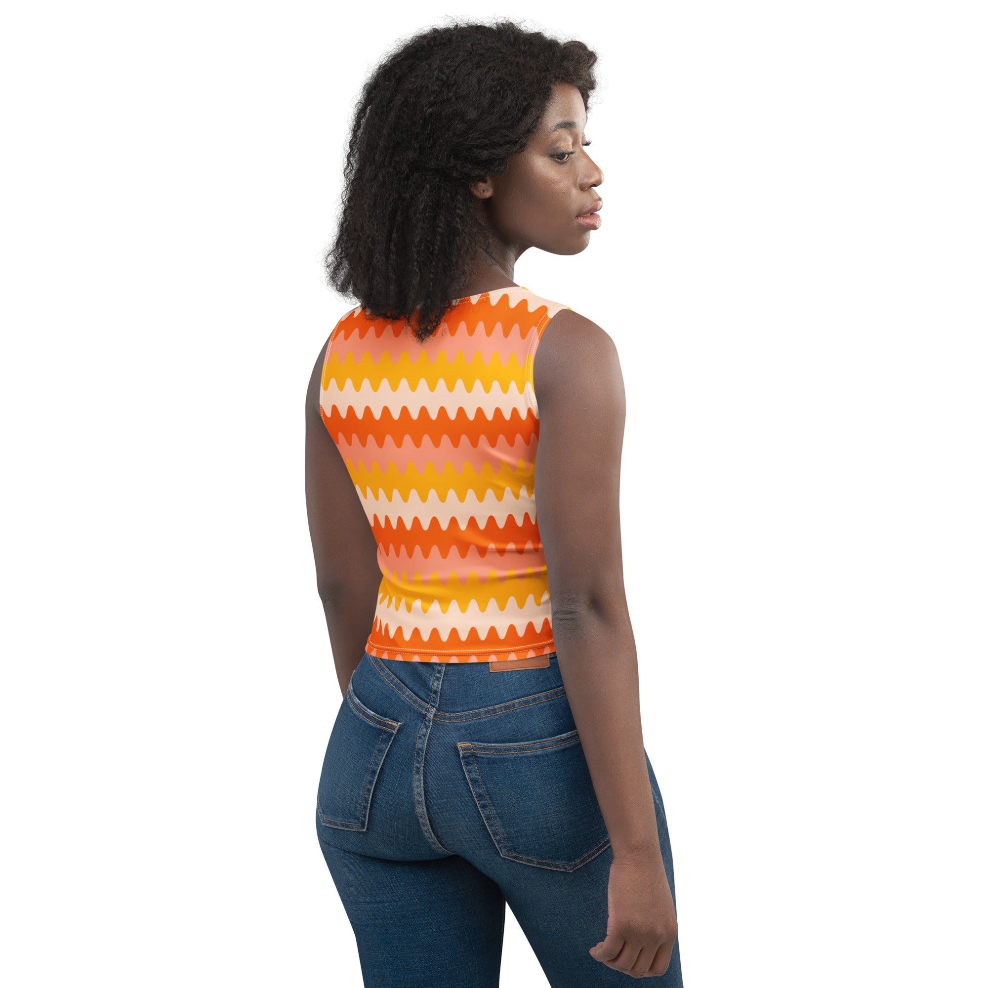 Women's Orange Wavy Stripe Buttery Soft Crop Top- Quick-Drying UPF 50+ Stretch Top