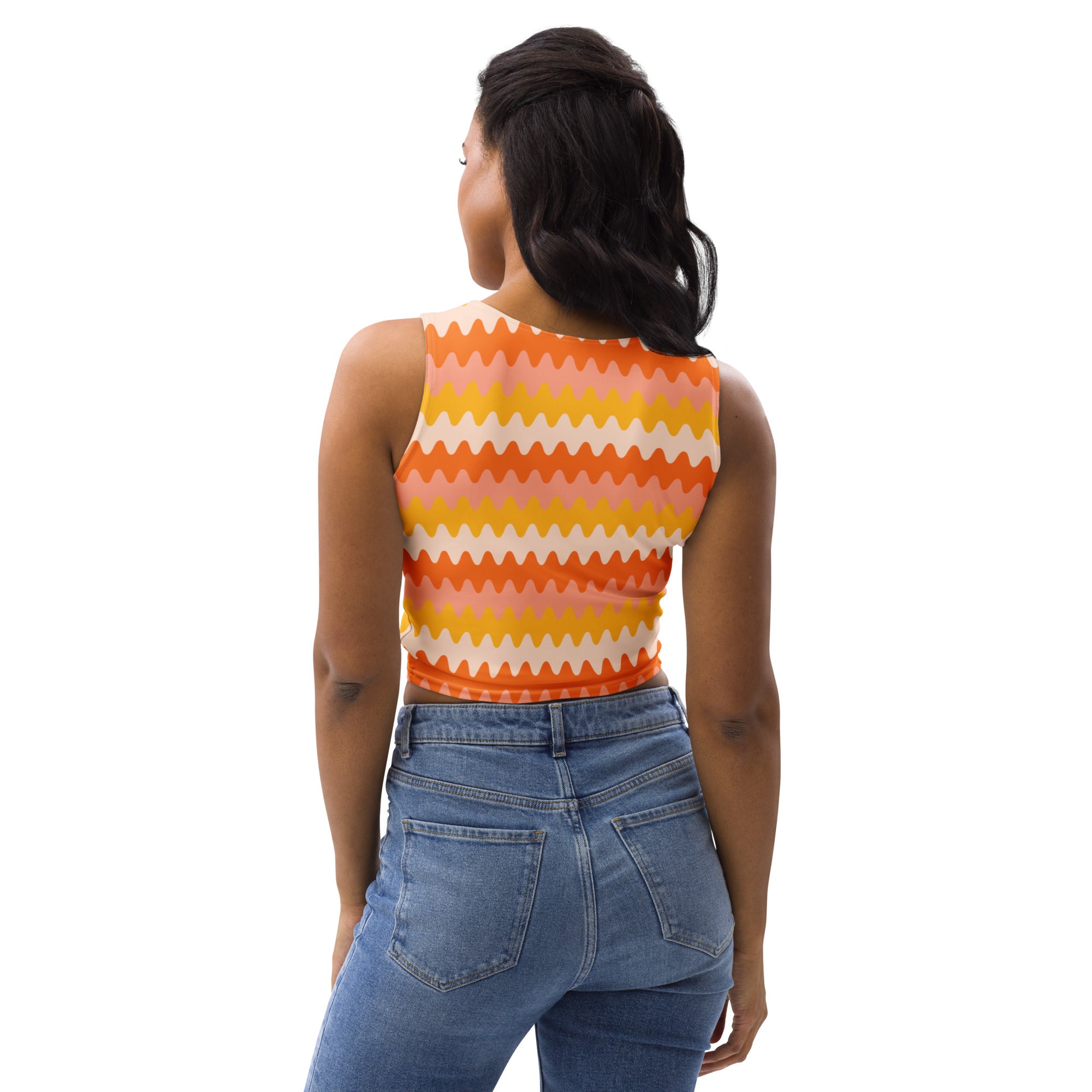 Women's Orange Wavy Stripe Buttery Soft Crop Top- Quick-Drying UPF 50+ Stretch Top