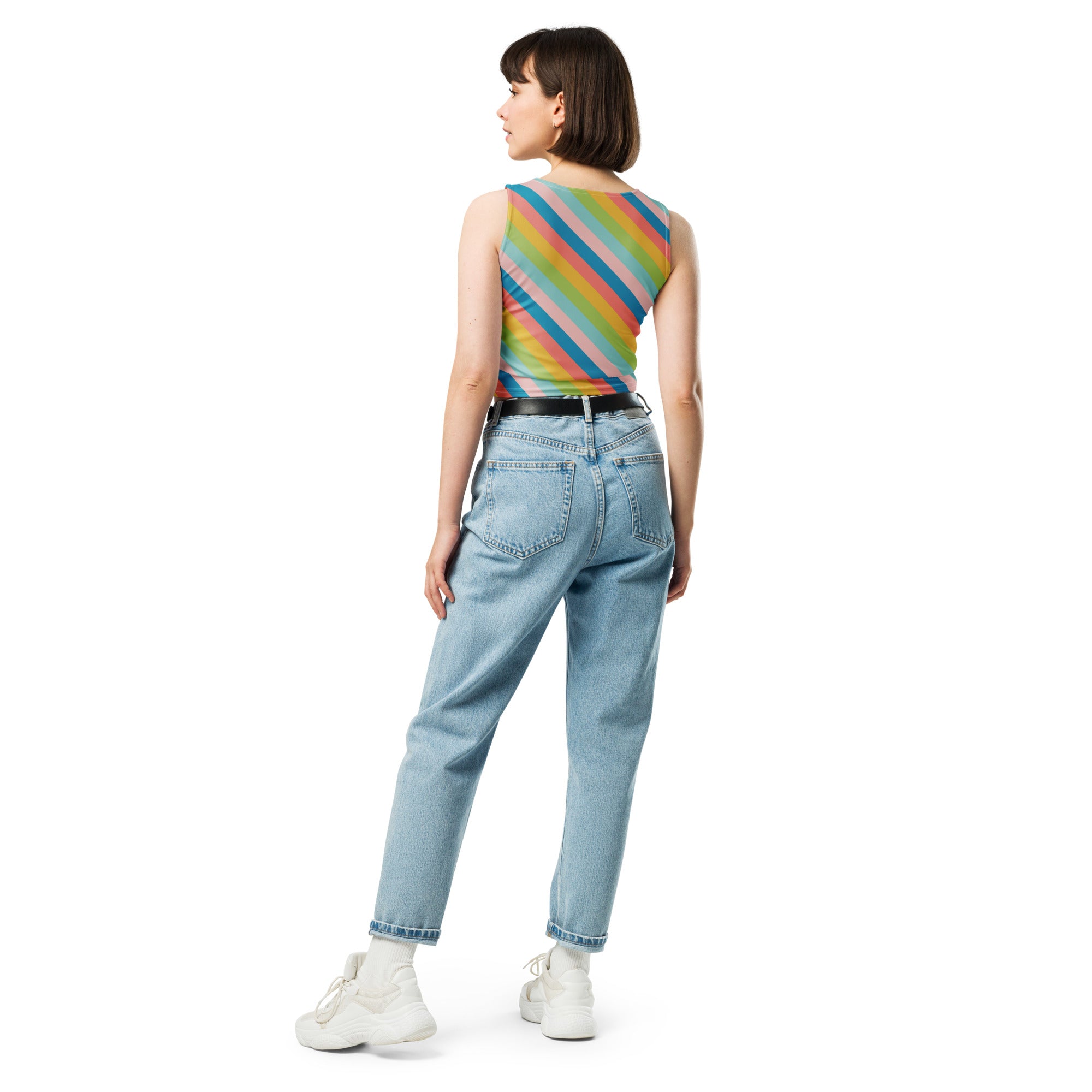 Women's Diagonal Pastel Rainbow Stripe Buttery Soft Crop Top- Quick-Drying UPF 50+ Stretch Top