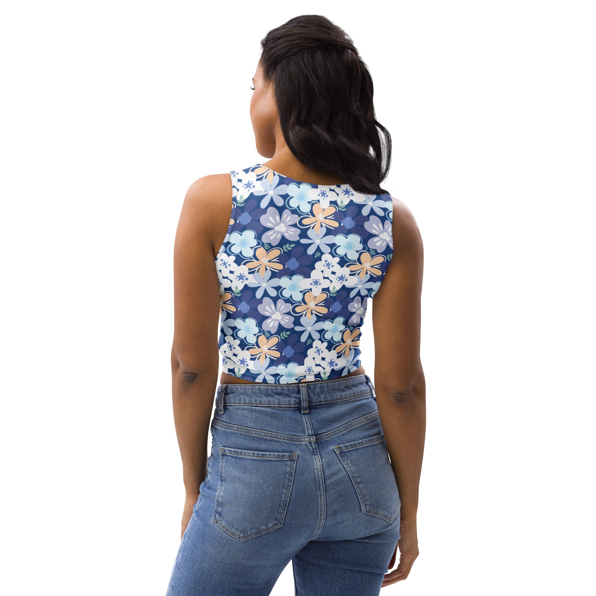 Women's Blue Floral Buttery Soft Crop Top- Quick-Drying UPF 50+ Stretch Top