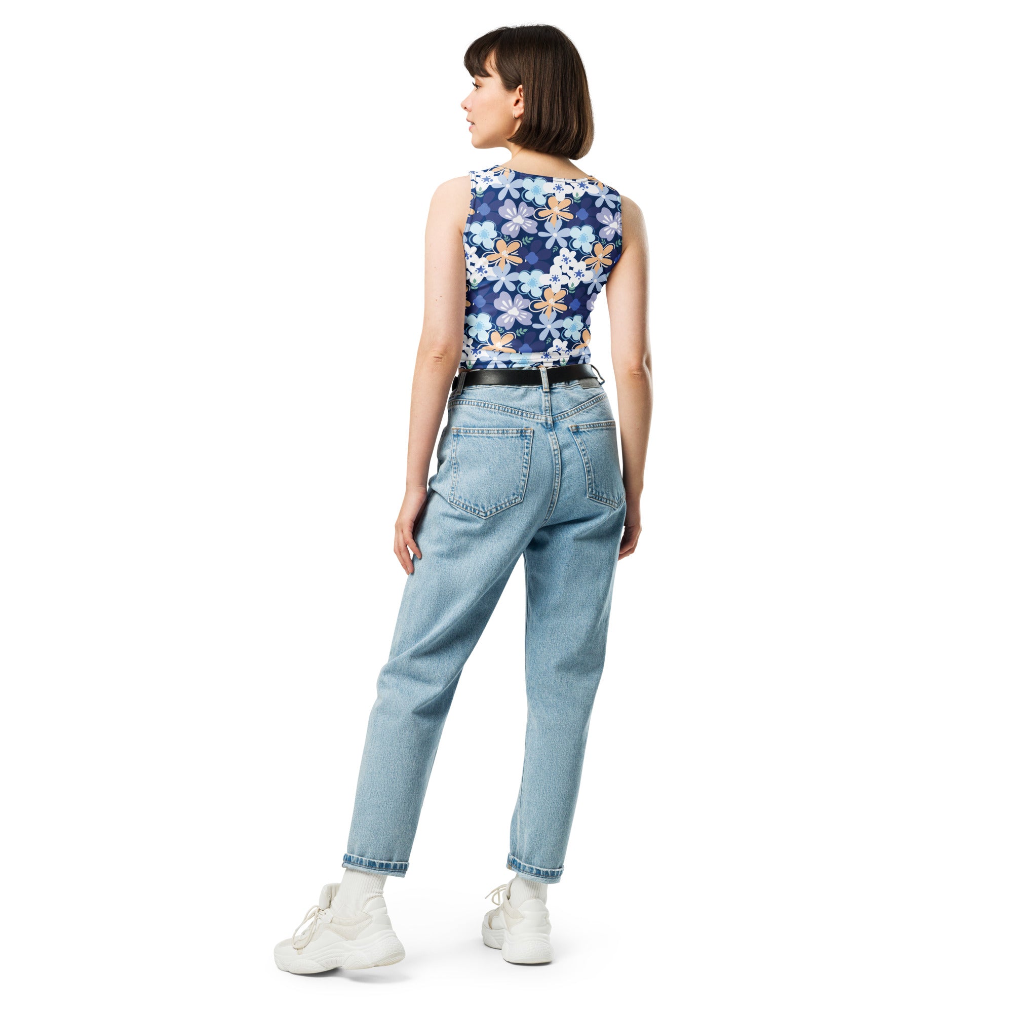 Women's Blue Floral Buttery Soft Crop Top- Quick-Drying UPF 50+ Stretch Top