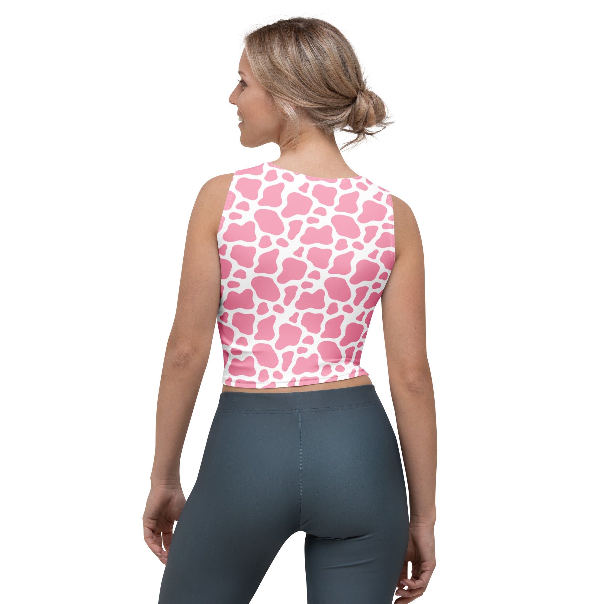 Women's Pink Cow Print Buttery Soft Crop Top- Quick-Drying UPF 50+ Stretch Top