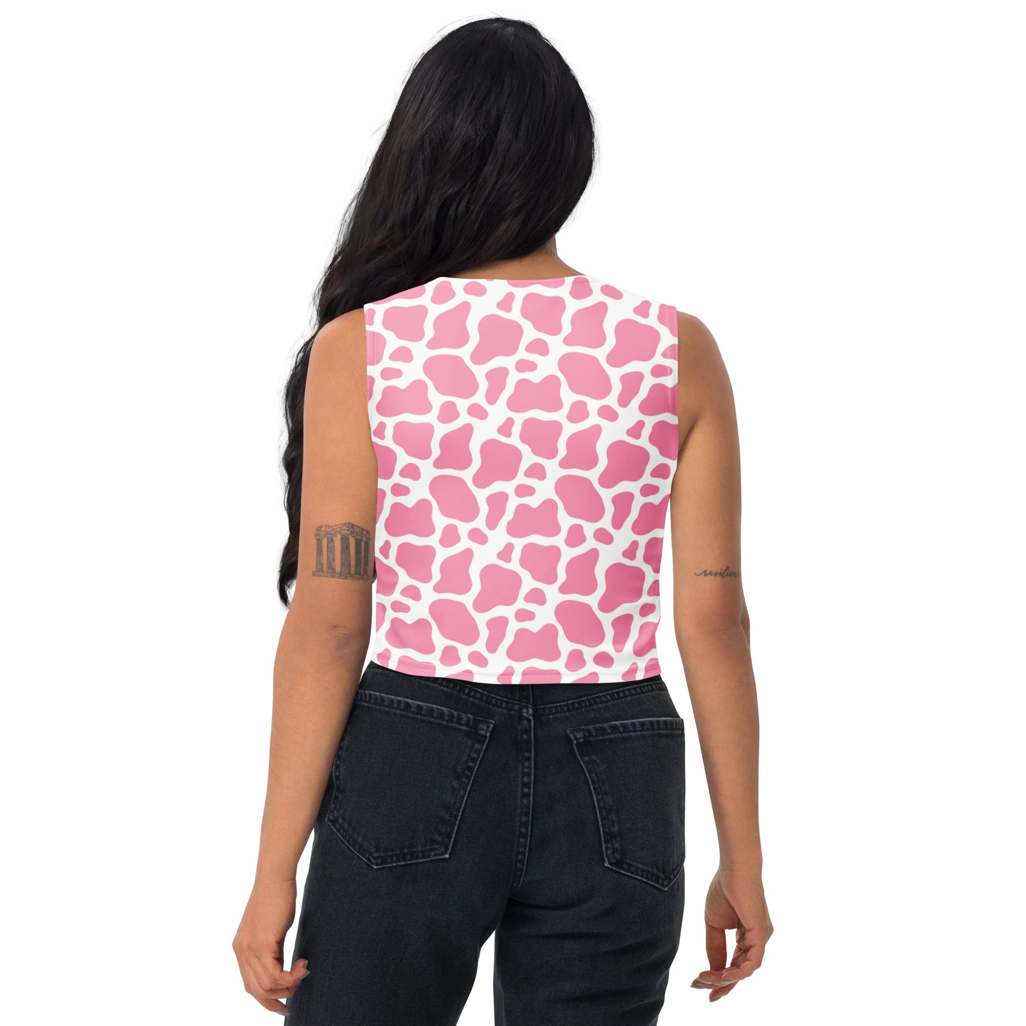 Women's Pink Cow Print Buttery Soft Crop Top- Quick-Drying UPF 50+ Stretch Top