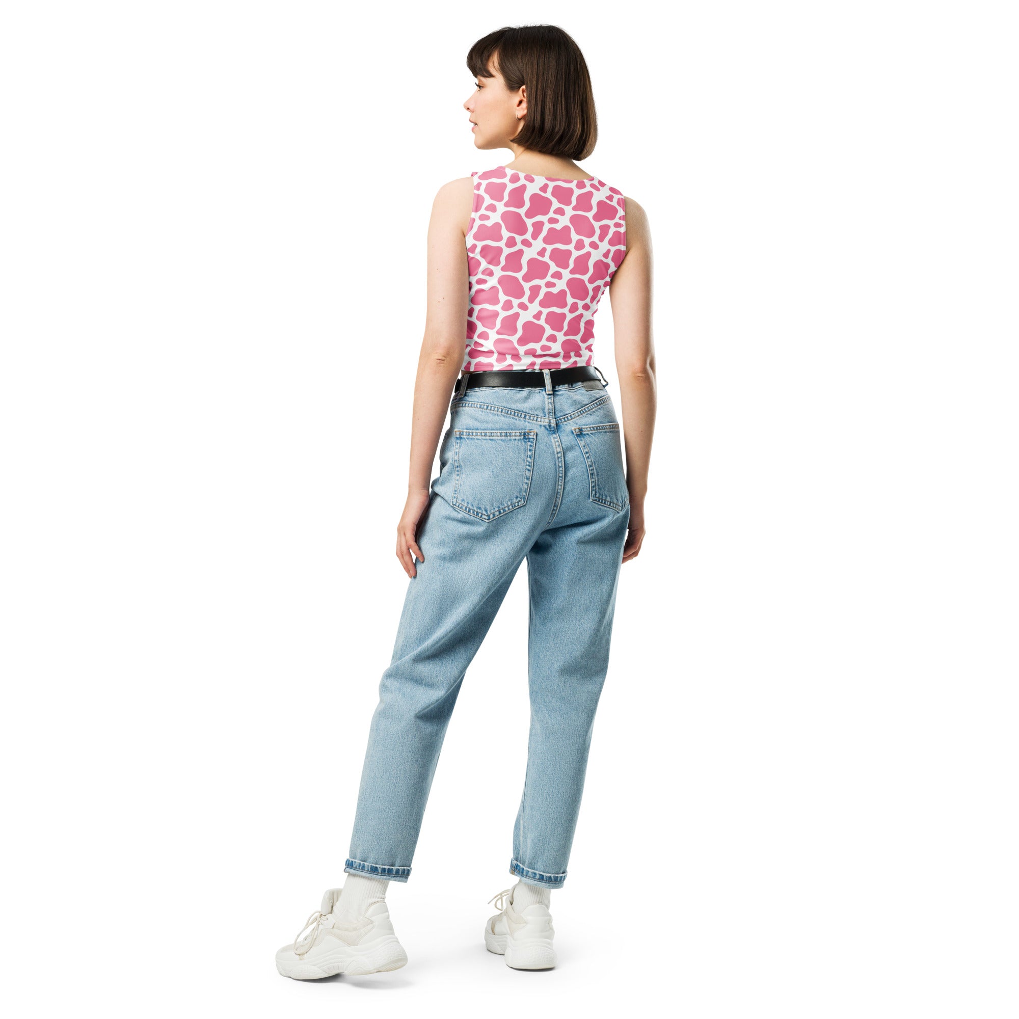 Women's Pink Cow Print Buttery Soft Crop Top- Quick-Drying UPF 50+ Stretch Top
