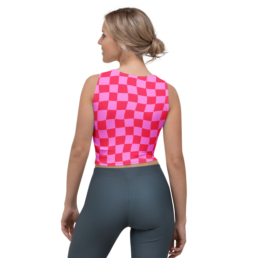 Women's Pink Wavy Checkerboard Buttery Soft Crop Top- Quick-Drying UPF 50+ Stretch Top
