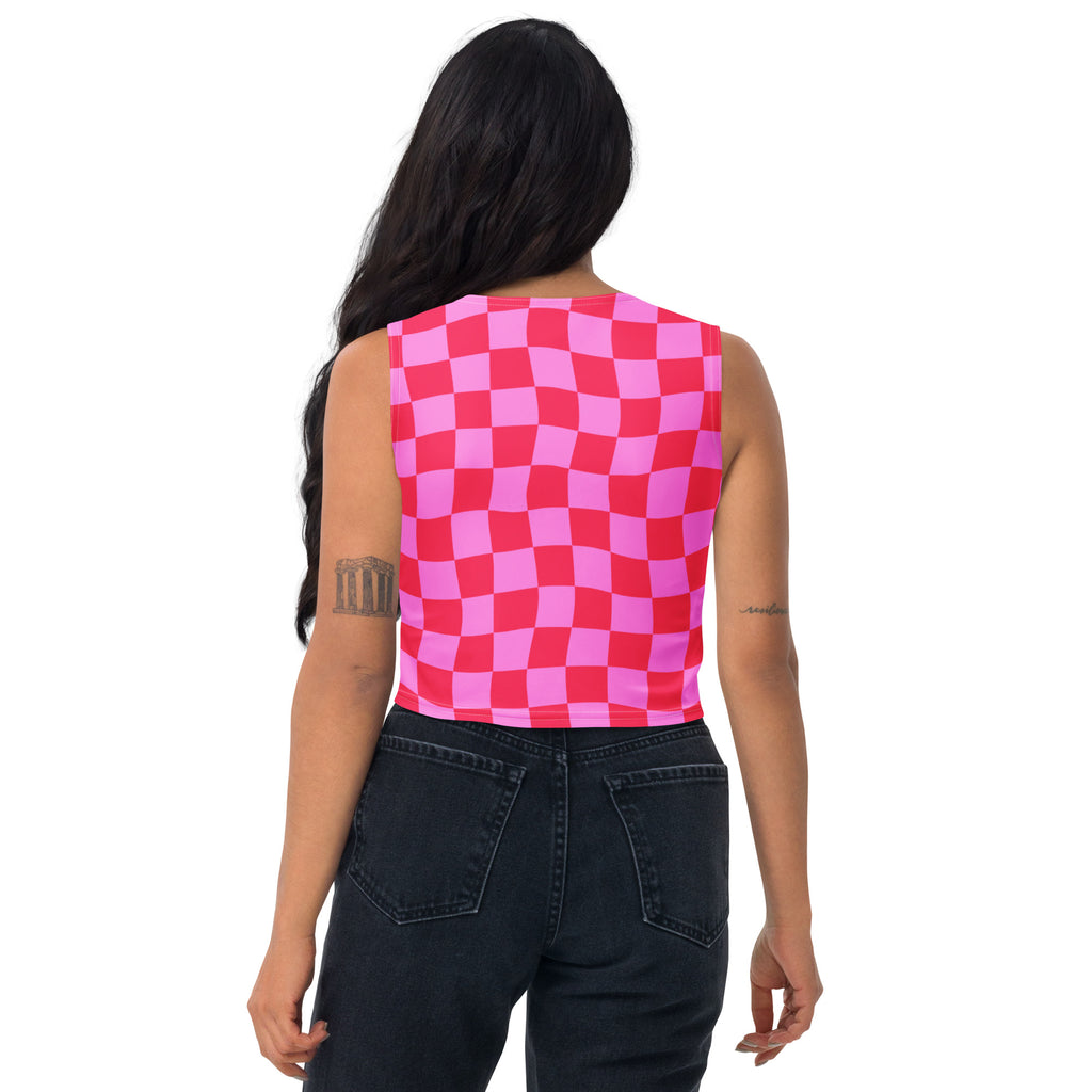 Women's Pink Wavy Checkerboard Buttery Soft Crop Top- Quick-Drying UPF 50+ Stretch Top
