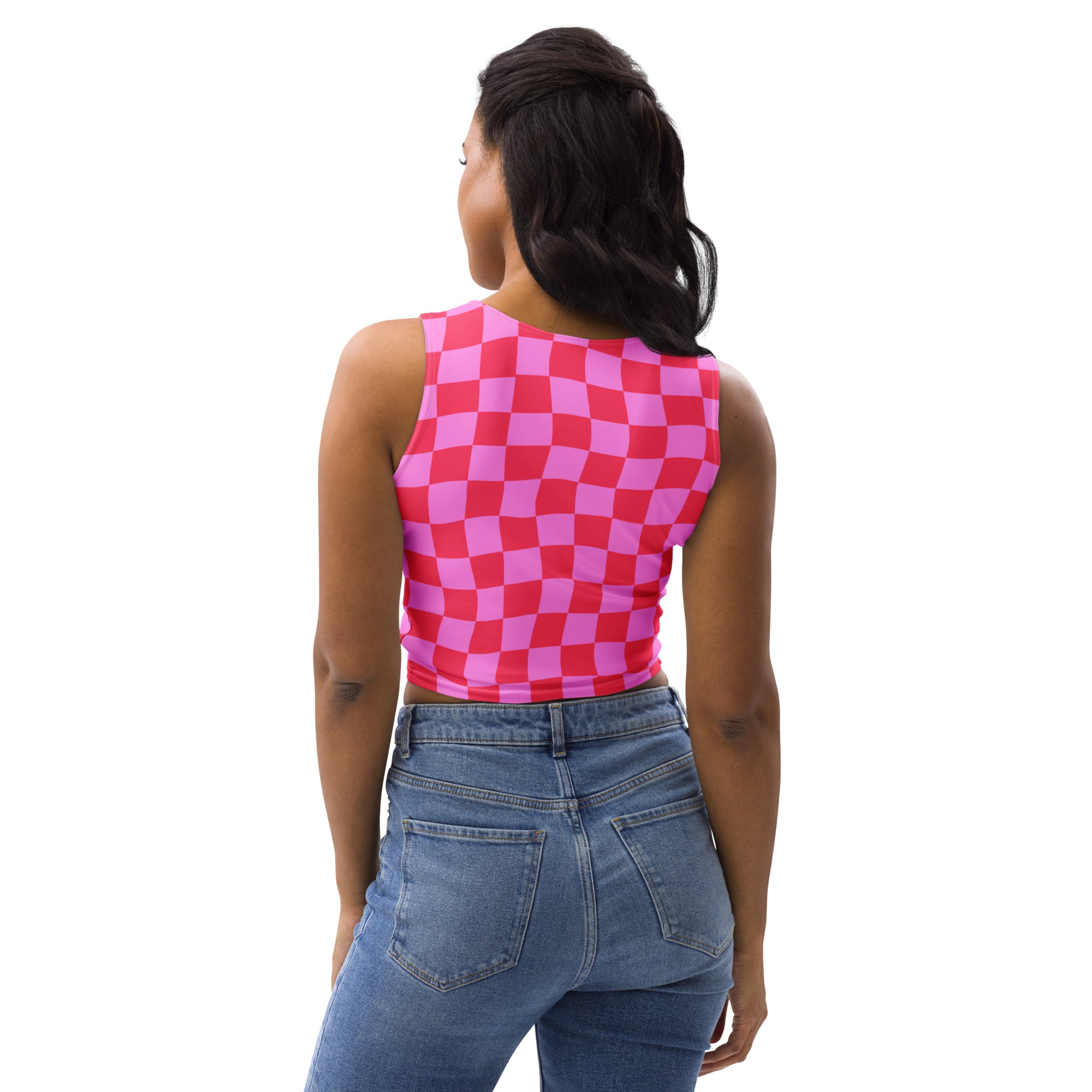 Women's Pink Wavy Checkerboard Buttery Soft Crop Top- Quick-Drying UPF 50+ Stretch Top