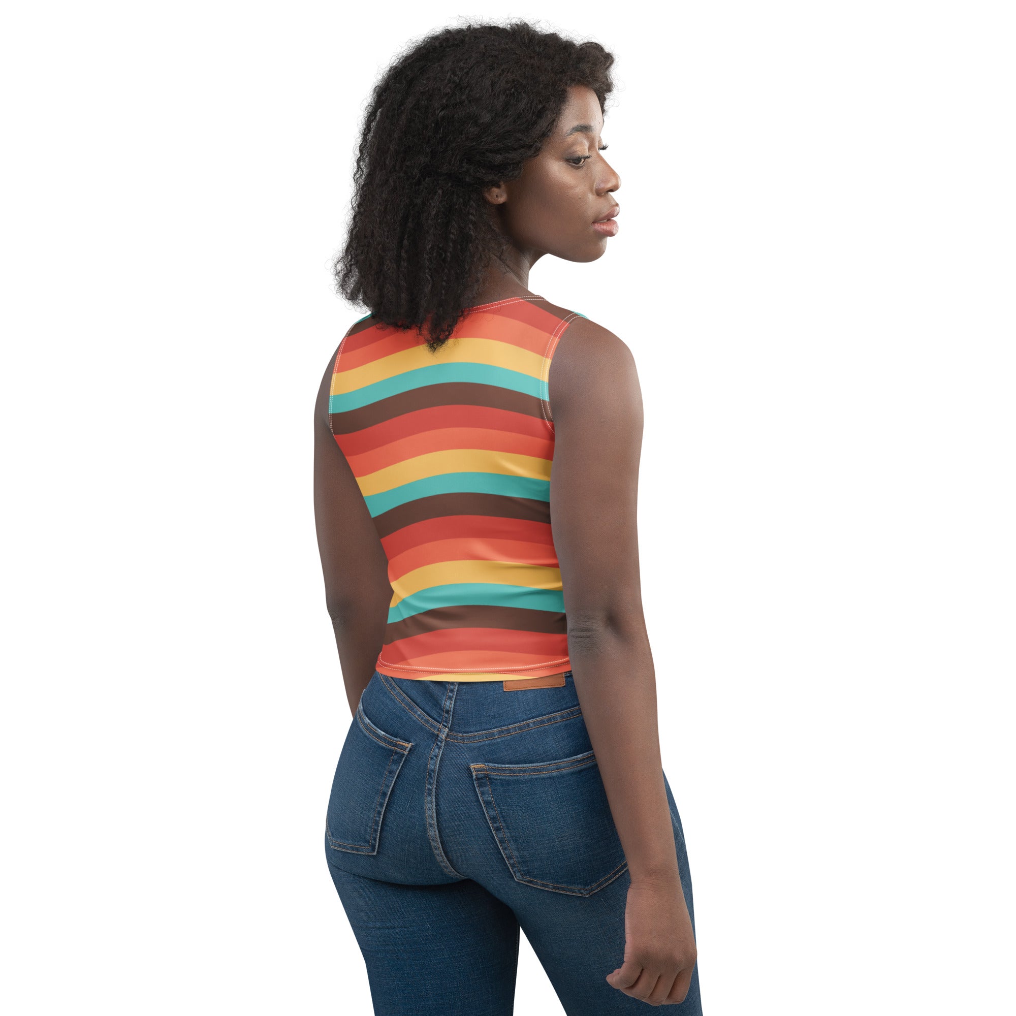 Women's Beach Sunset Retro Wavy Buttery Soft Crop Top- Quick-Drying UPF 50+ Stretch Top