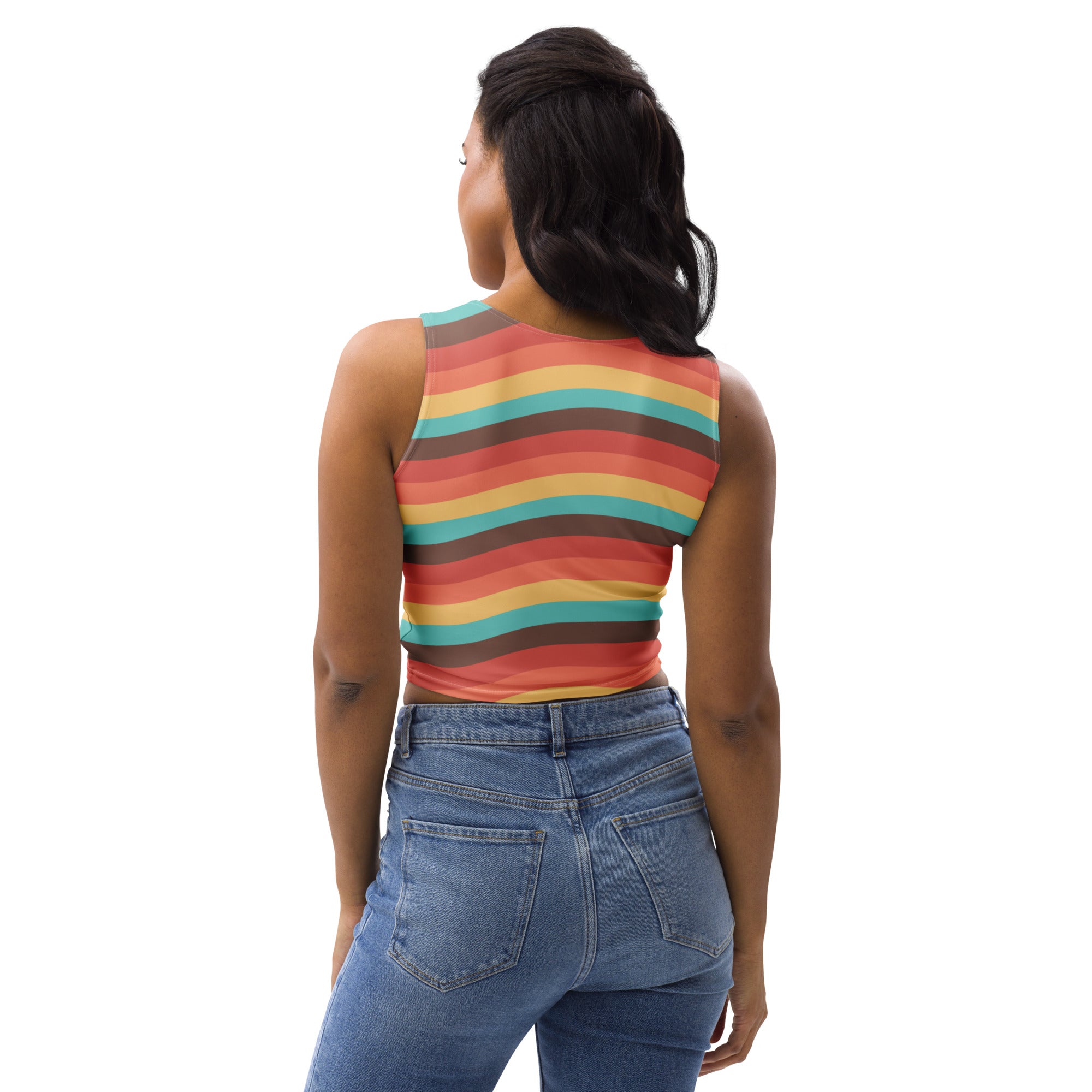 Women's Beach Sunset Retro Wavy Buttery Soft Crop Top- Quick-Drying UPF 50+ Stretch Top