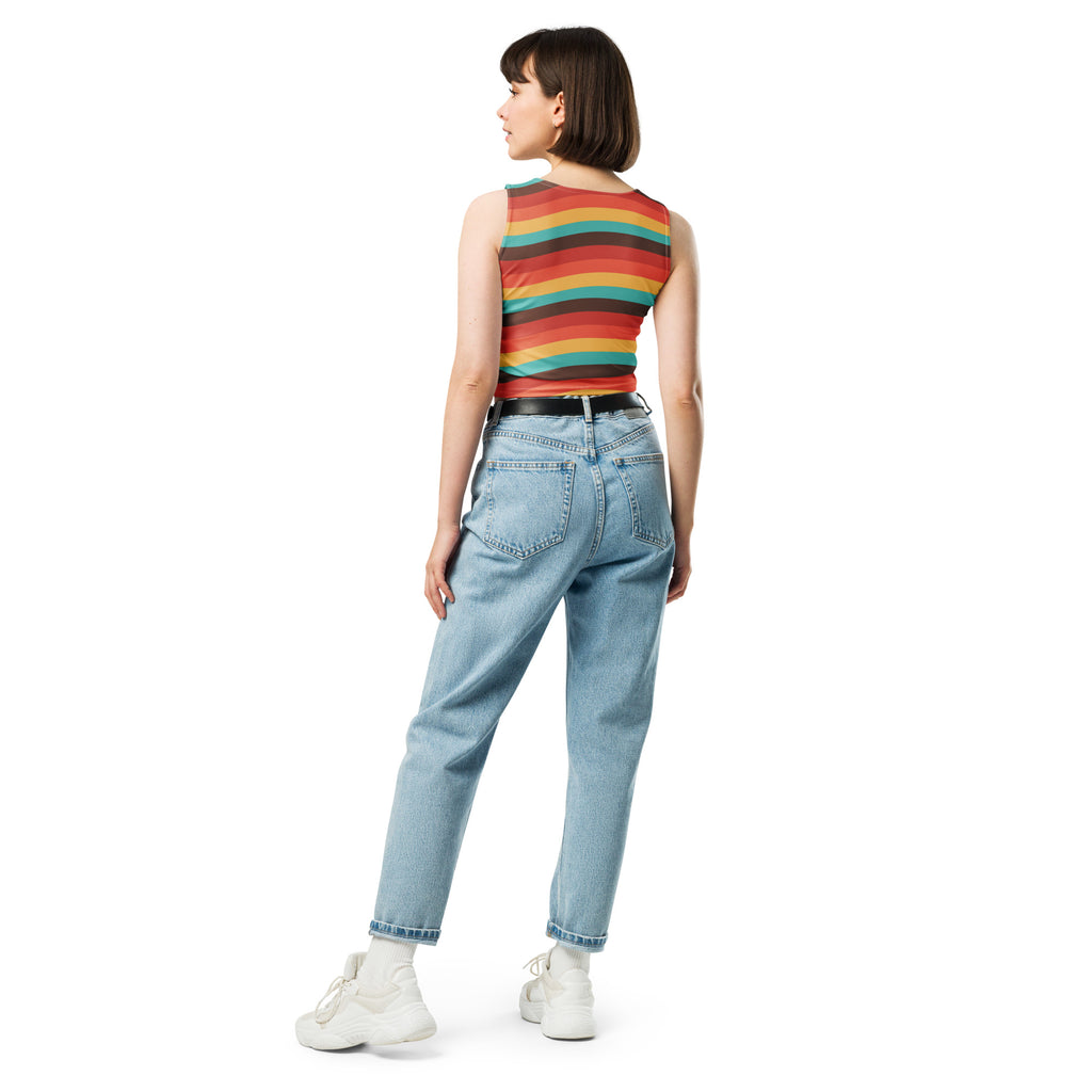 Women's Beach Sunset Retro Wavy Buttery Soft Crop Top- Quick-Drying UPF 50+ Stretch Top