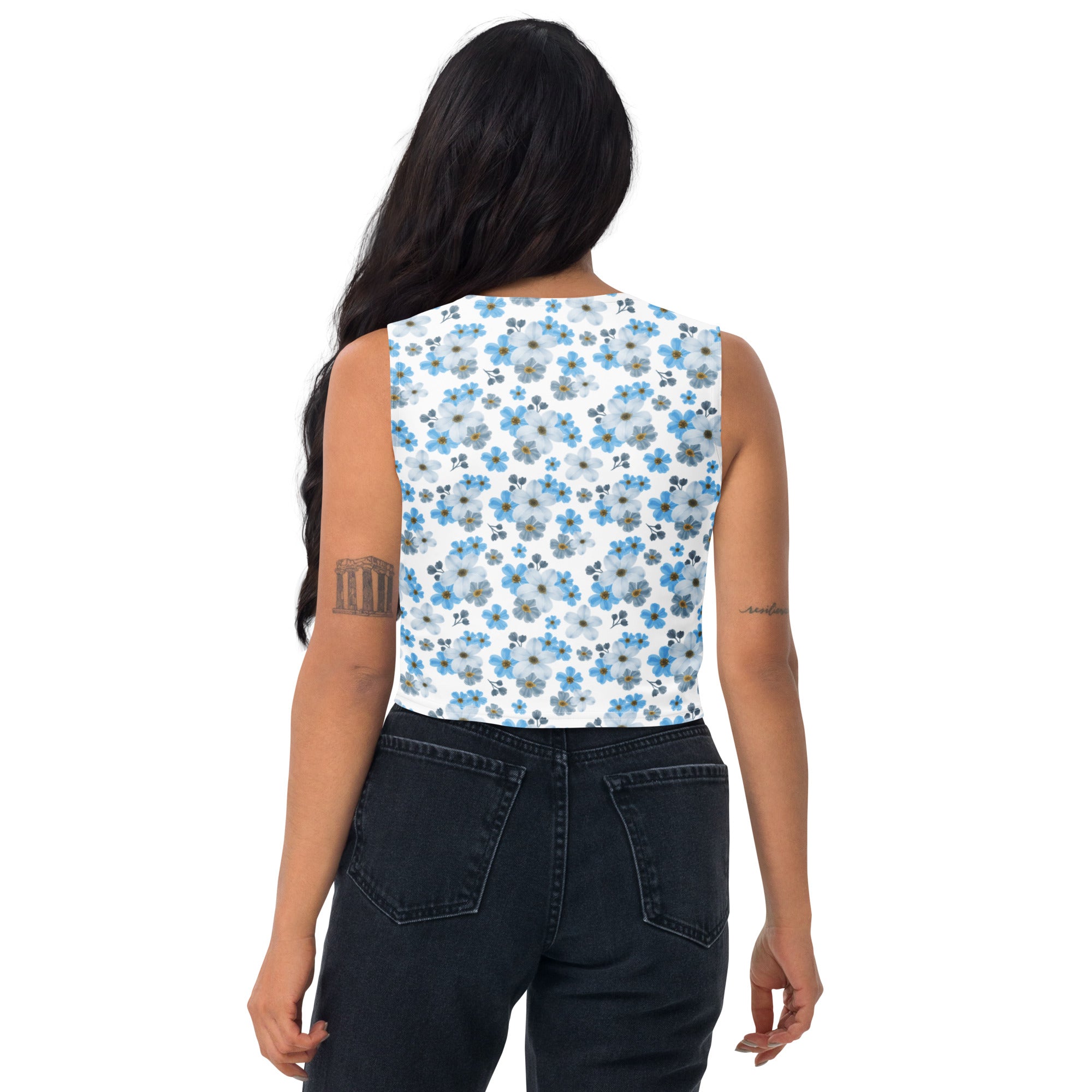 Women's Blue Daisy Buttery Soft Crop Top- Quick-Drying UPF 50+ Stretch Top