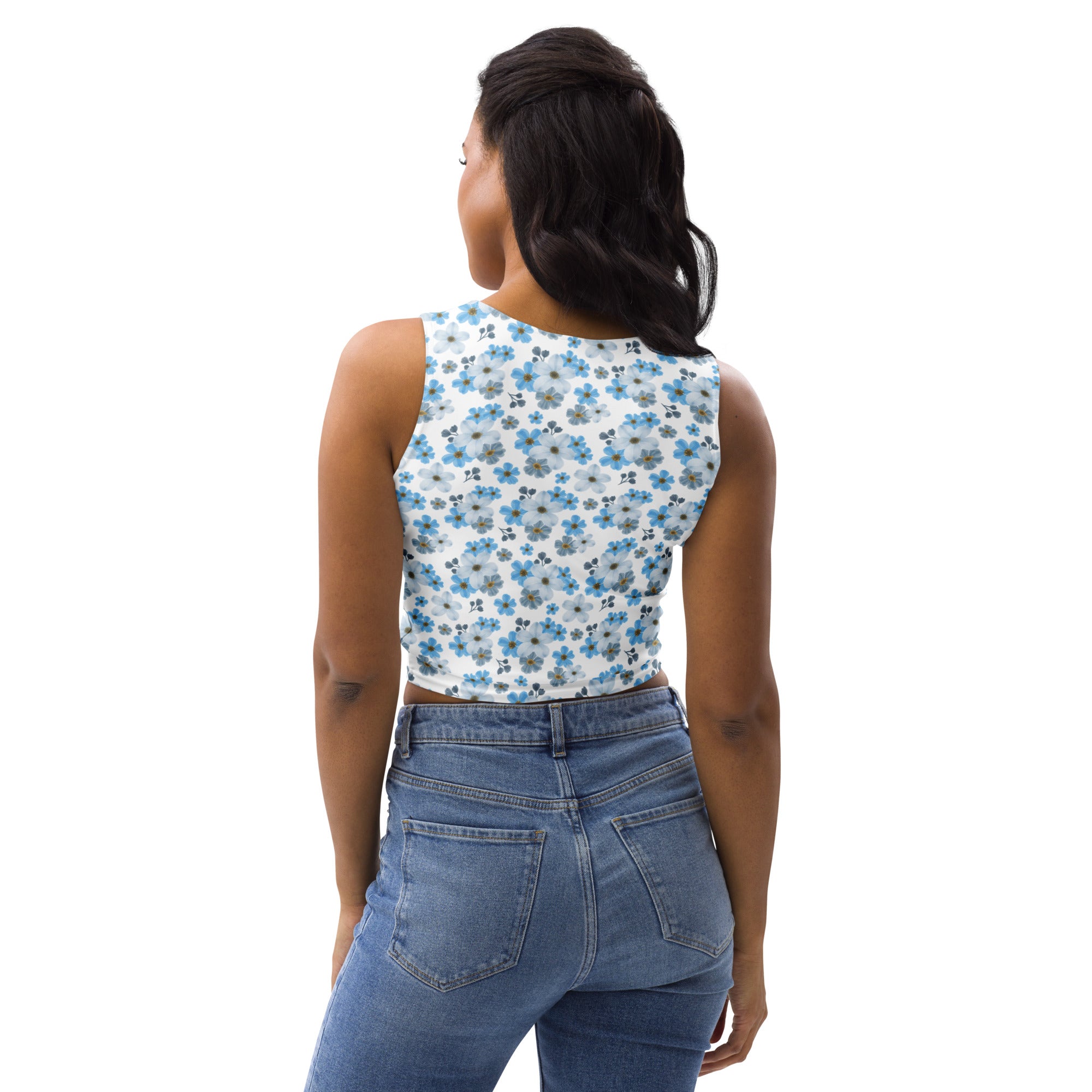 Women's Blue Daisy Buttery Soft Crop Top- Quick-Drying UPF 50+ Stretch Top