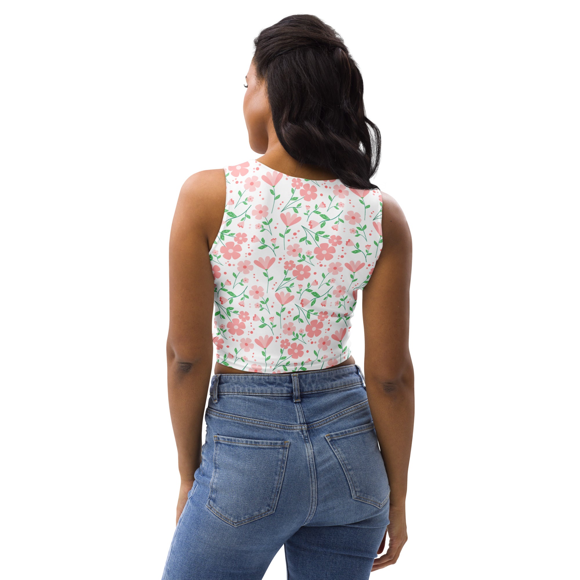 Women's Pink Flower Garden Buttery Soft Crop Top- Quick-Drying UPF 50+ Stretch Top