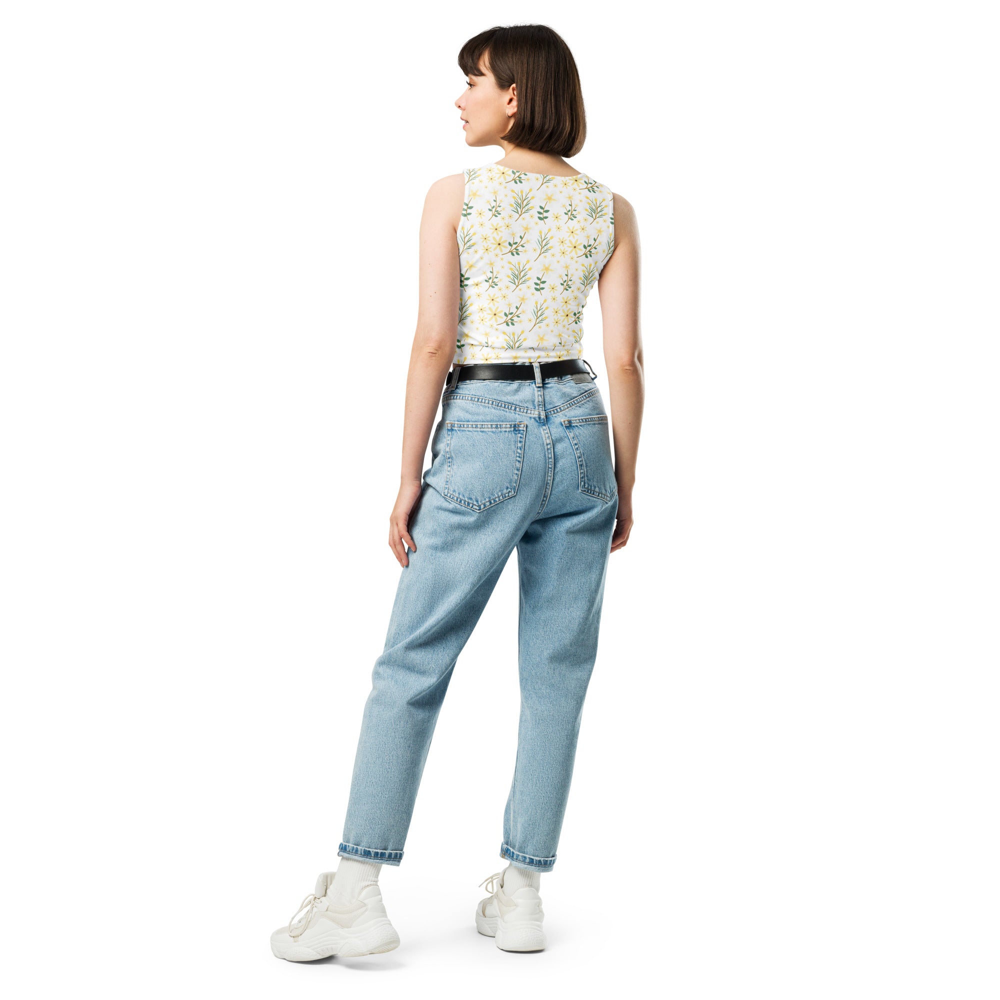 Women's Yellow Wildflower Buttery Soft Crop Top- Quick-Drying UPF 50+ Stretch Top