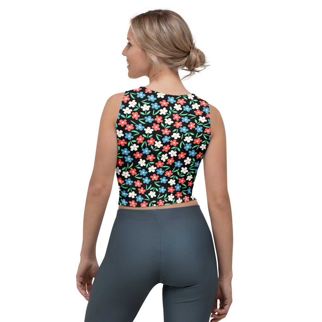 Women's Black Colorful Floral Buttery Soft Crop Top- Quick-Drying UPF 50+ Stretch Top