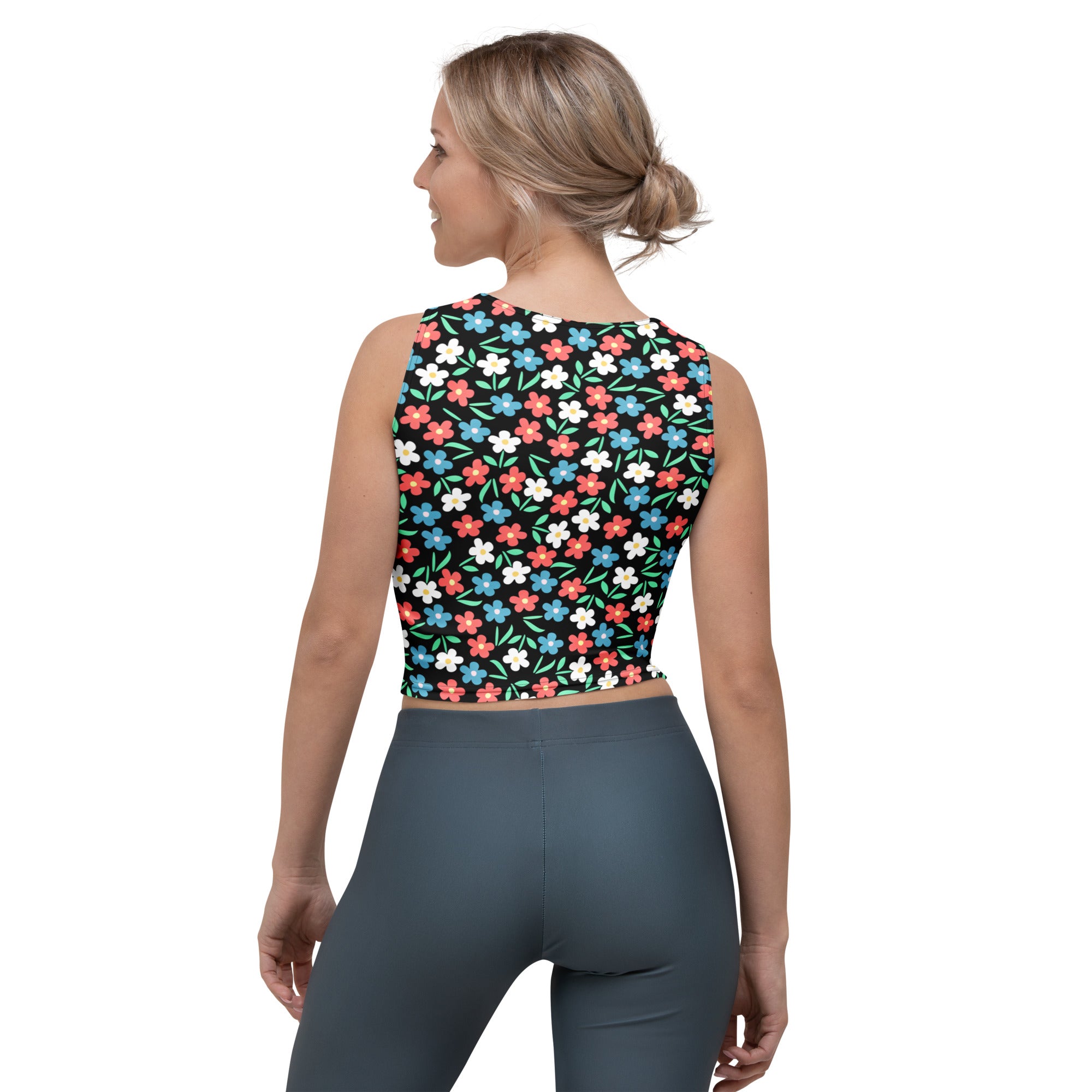 Women's Black Colorful Floral Buttery Soft Crop Top- Quick-Drying UPF 50+ Stretch Top