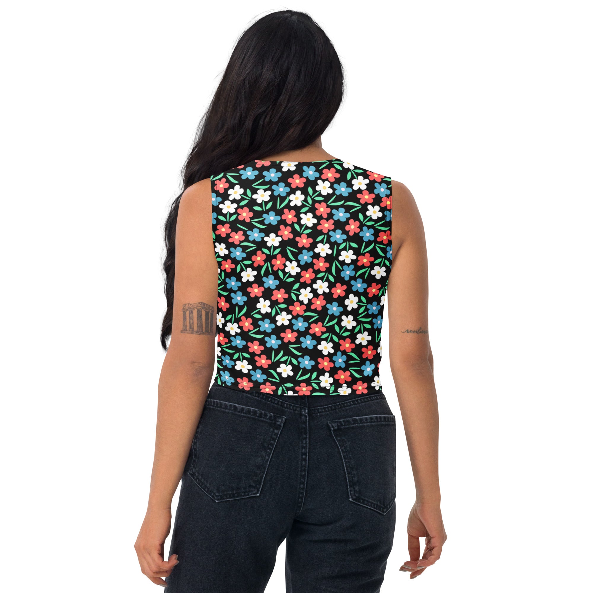 Women's Black Colorful Floral Buttery Soft Crop Top- Quick-Drying UPF 50+ Stretch Top