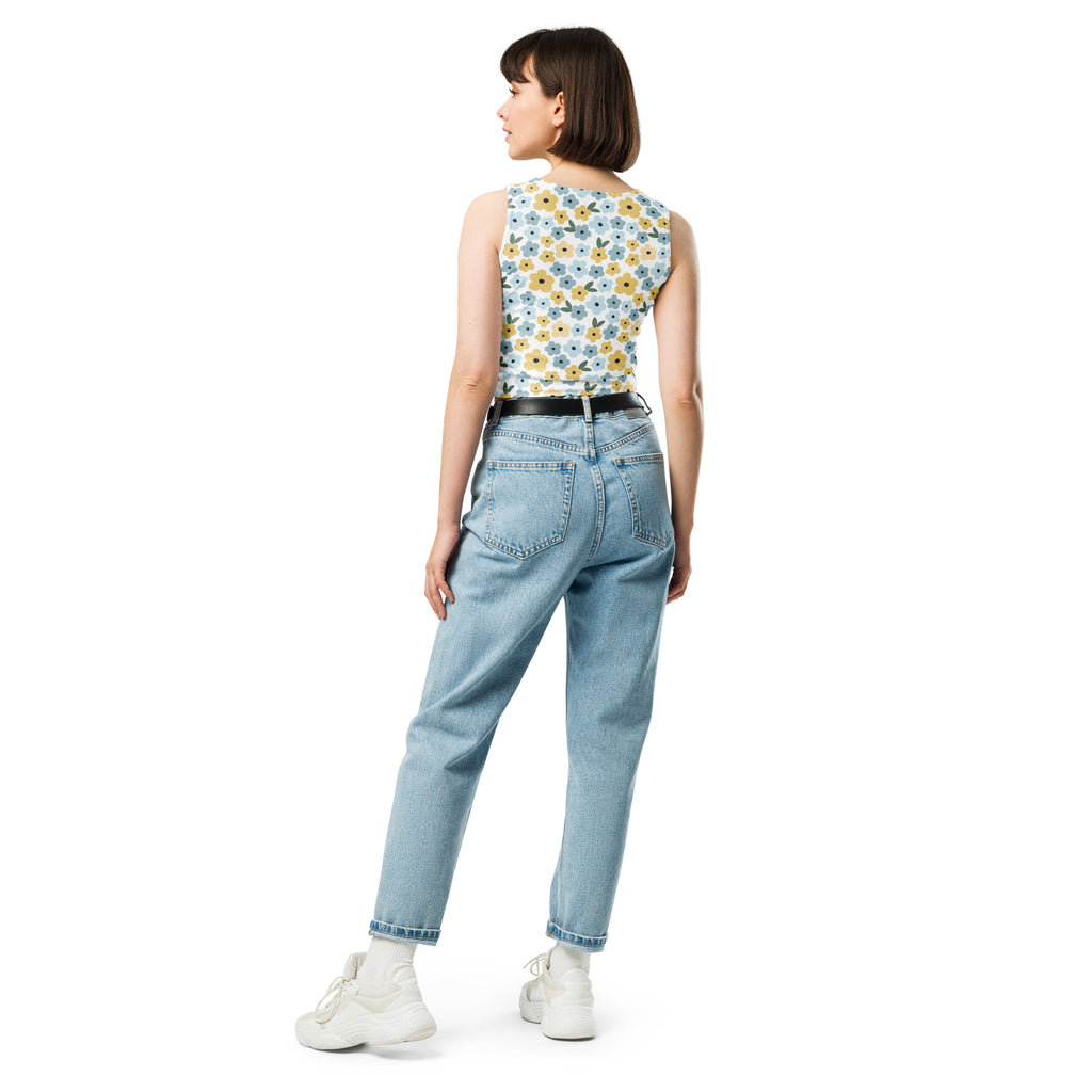 Women's Blue Yellow Daisyl Buttery Soft Crop Top- Quick-Drying UPF 50+ Stretch Top