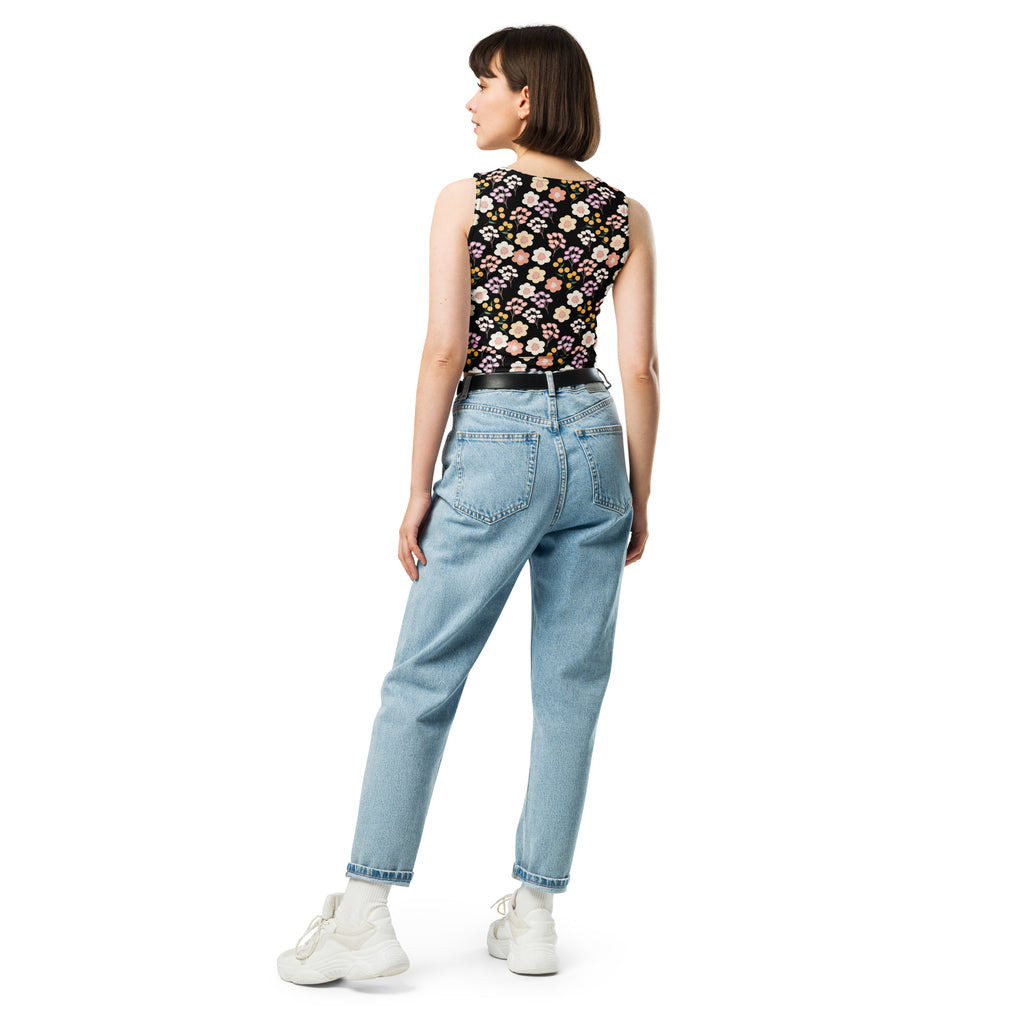 Women's Black Blush Floral Buttery Soft Crop Top- Quick-Drying UPF 50+ Stretch Top