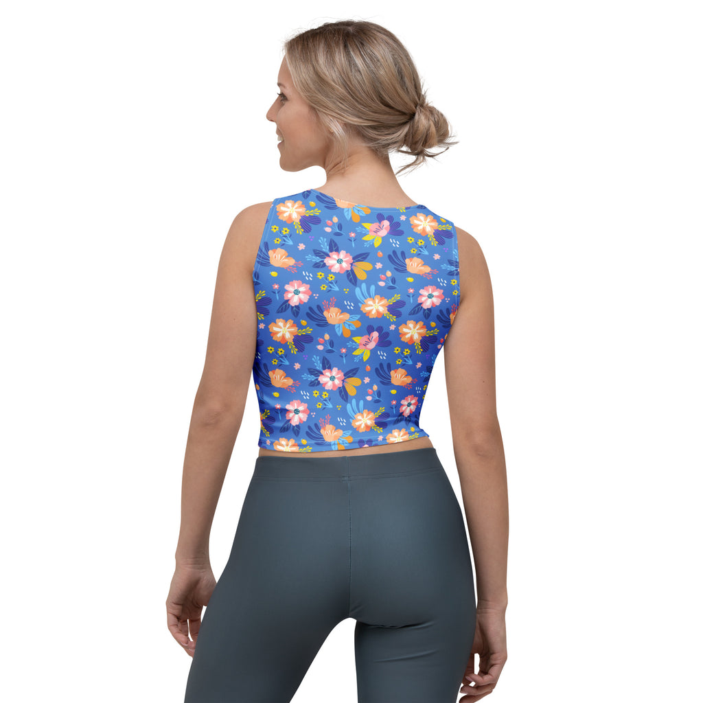 Women's Bright Blue Floral Buttery Soft Crop Top- Quick-Drying UPF 50+ Stretch Top