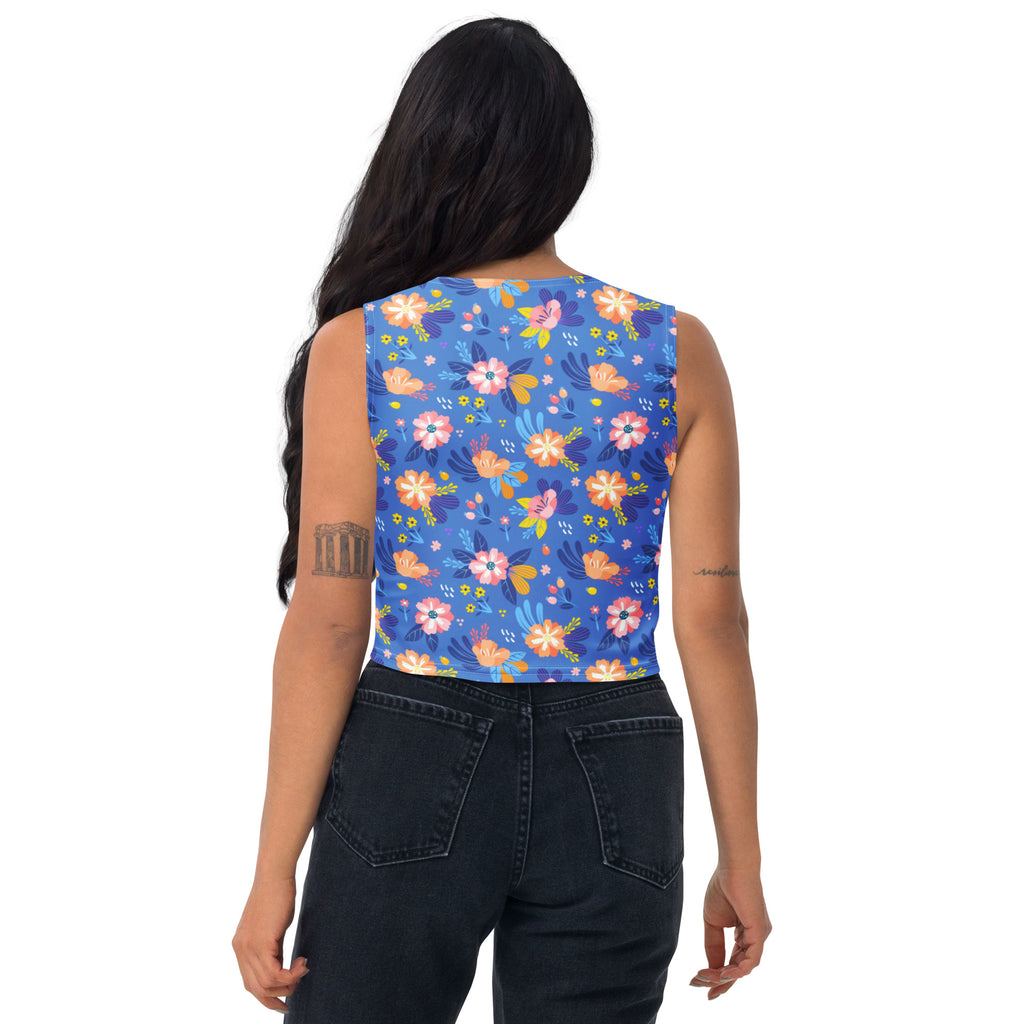Women's Bright Blue Floral Buttery Soft Crop Top- Quick-Drying UPF 50+ Stretch Top