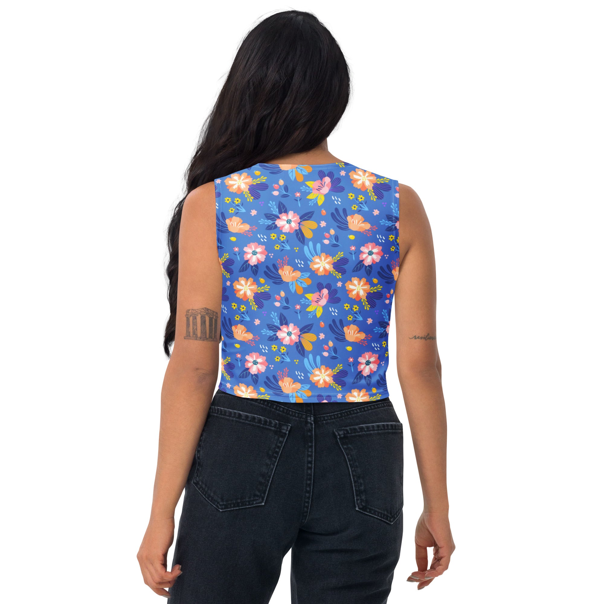 Women's Bright Blue Floral Buttery Soft Crop Top- Quick-Drying UPF 50+ Stretch Top
