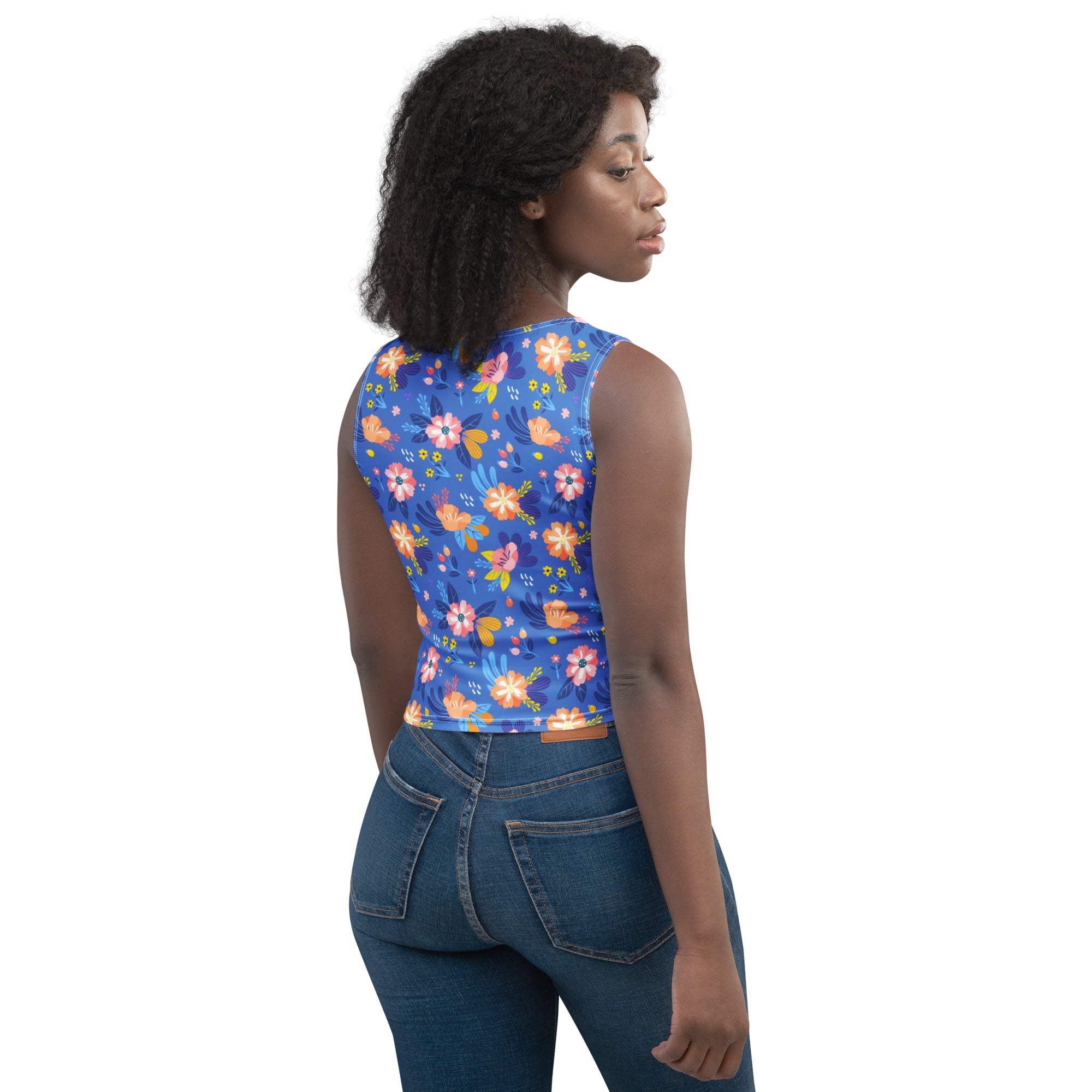 Women's Bright Blue Floral Buttery Soft Crop Top- Quick-Drying UPF 50+ Stretch Top