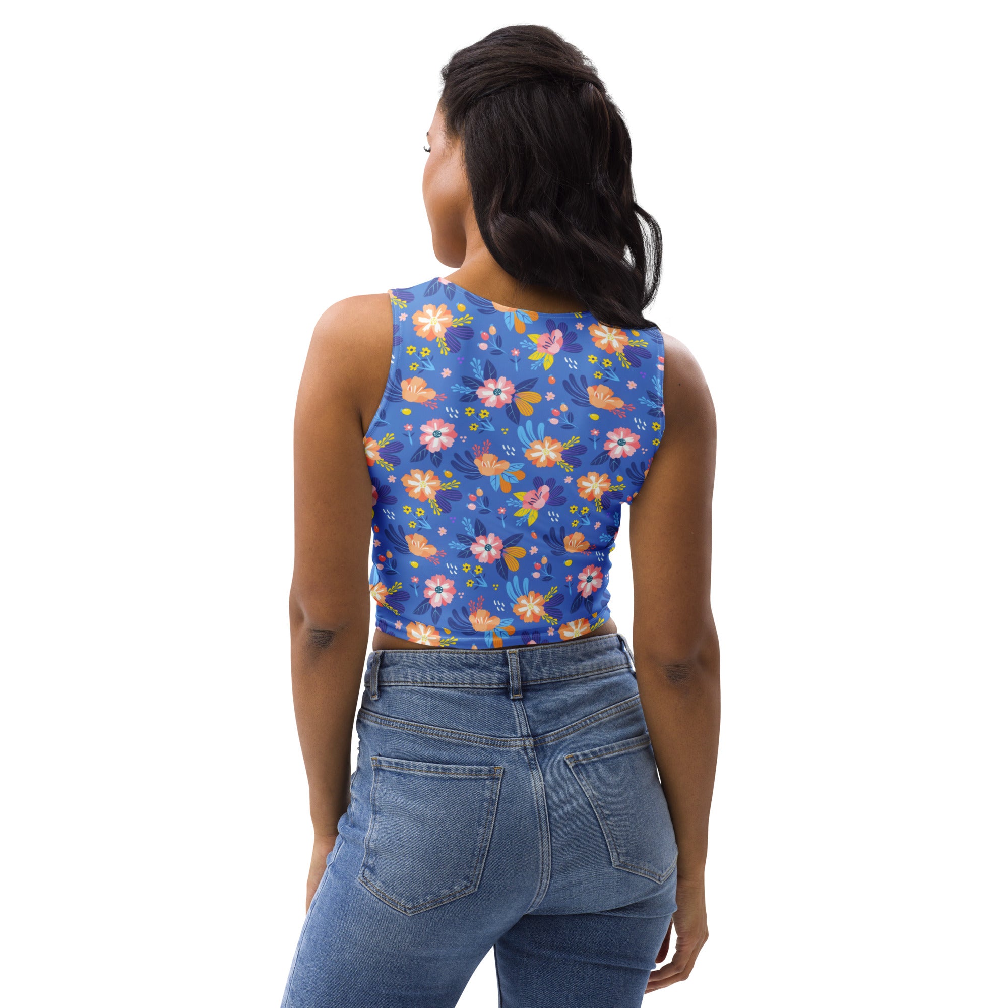 Women's Bright Blue Floral Buttery Soft Crop Top- Quick-Drying UPF 50+ Stretch Top