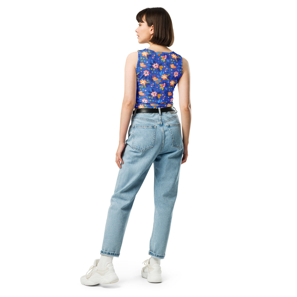 Women's Bright Blue Floral Buttery Soft Crop Top- Quick-Drying UPF 50+ Stretch Top