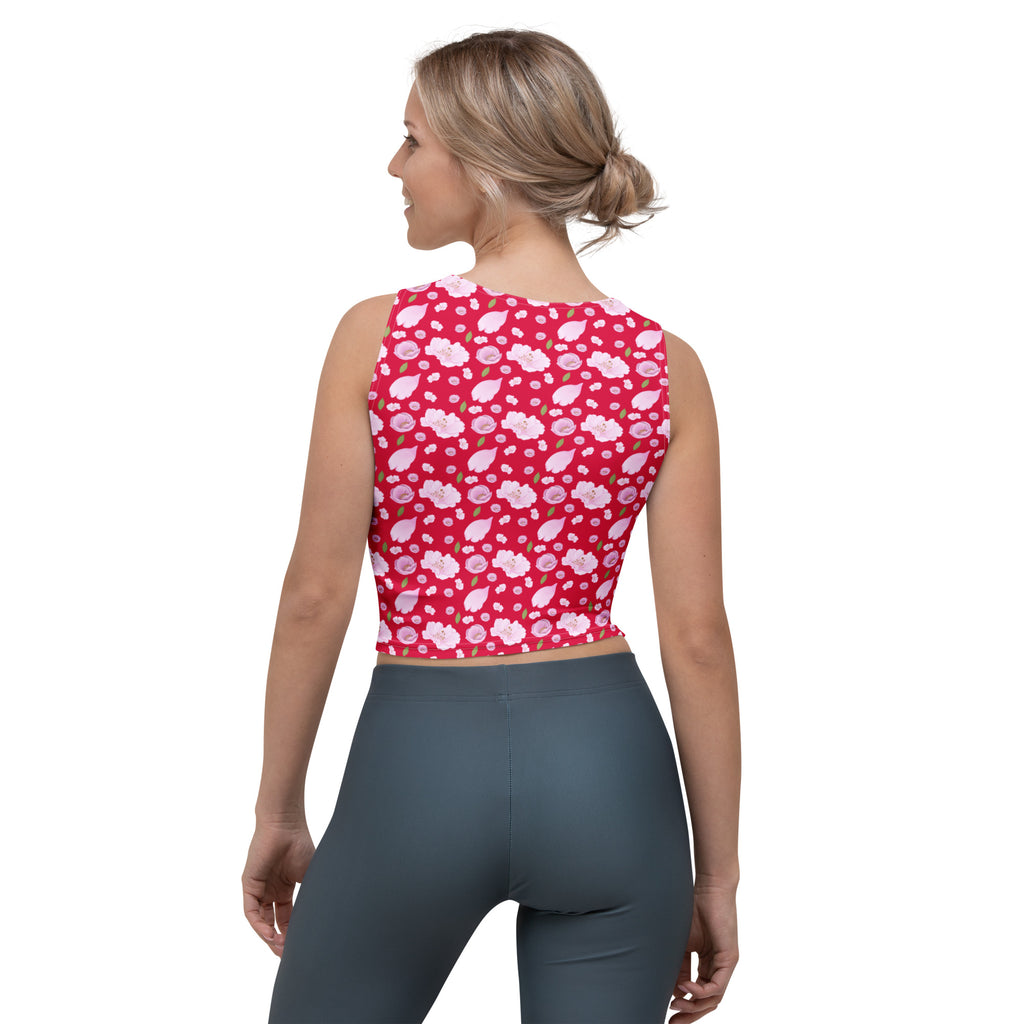 Women's Vibrant Red Floral Buttery Soft Crop Top- Quick-Drying UPF 50+ Stretch Top