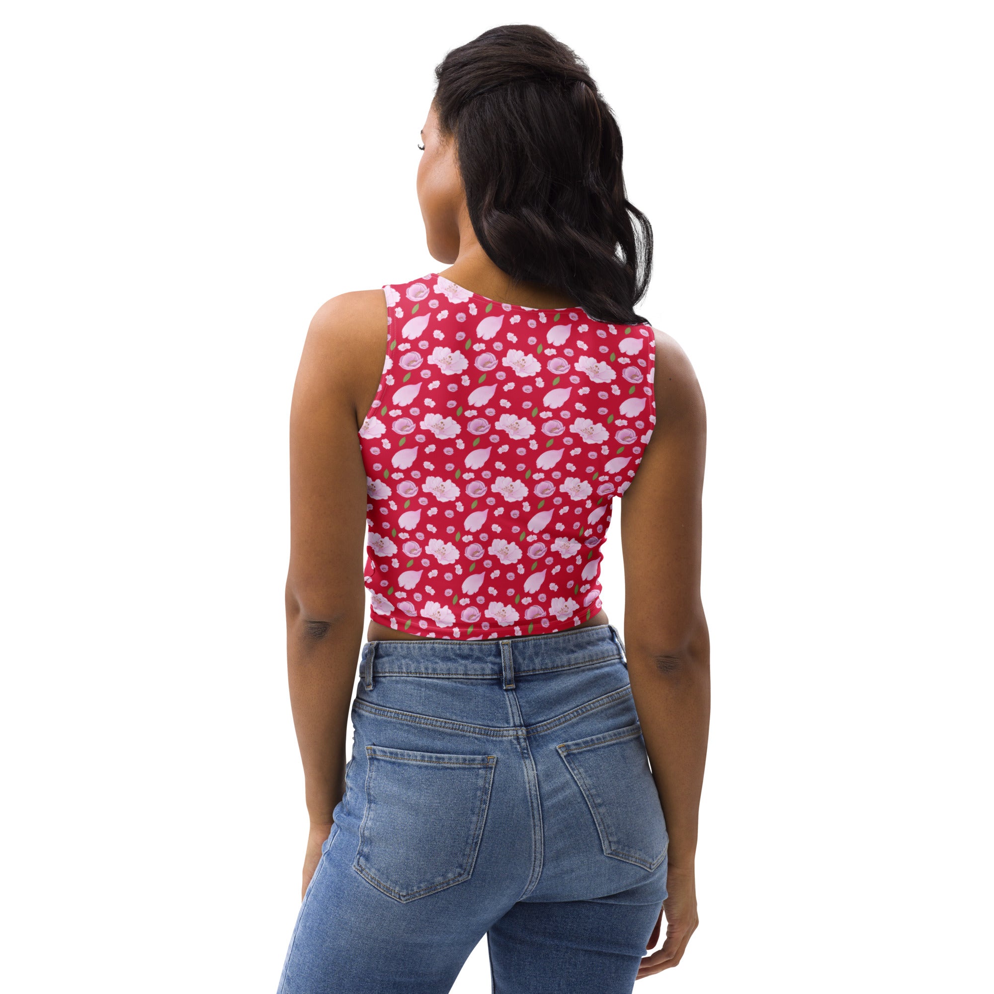 Women's Vibrant Red Floral Buttery Soft Crop Top- Quick-Drying UPF 50+ Stretch Top