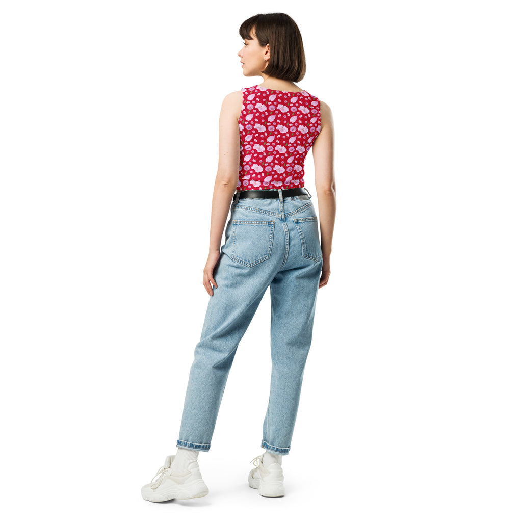 Women's Vibrant Red Floral Buttery Soft Crop Top- Quick-Drying UPF 50+ Stretch Top