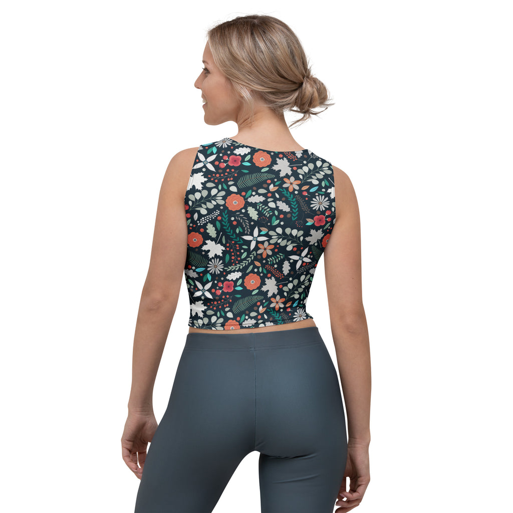 Women's Dark Botanical Floral Buttery Soft Crop Top- Quick-Drying UPF 50+ Stretch Top