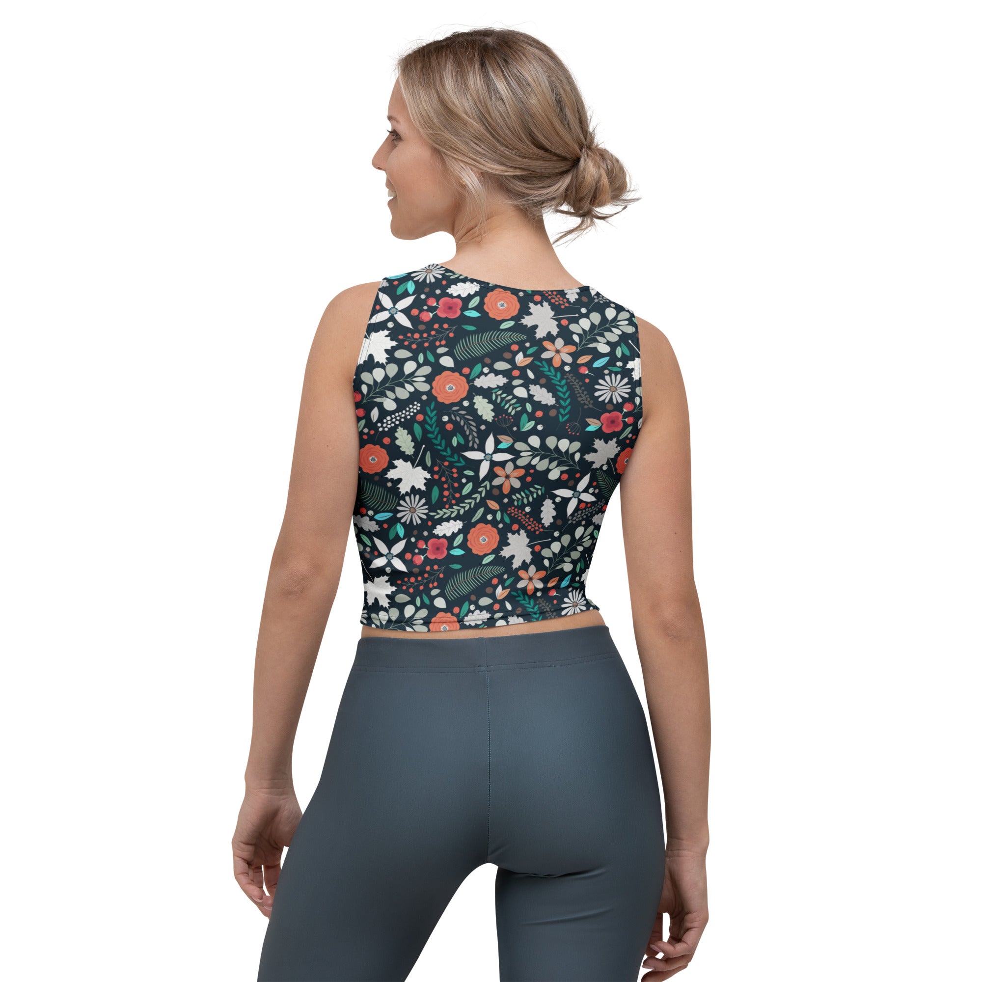 Women's Dark Botanical Floral Buttery Soft Crop Top- Quick-Drying UPF 50+ Stretch Top