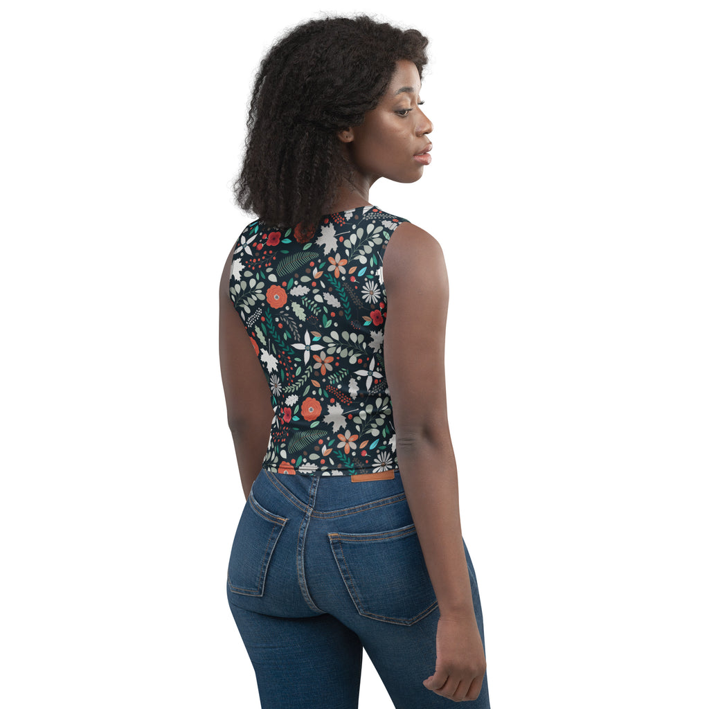 Women's Dark Botanical Floral Buttery Soft Crop Top- Quick-Drying UPF 50+ Stretch Top